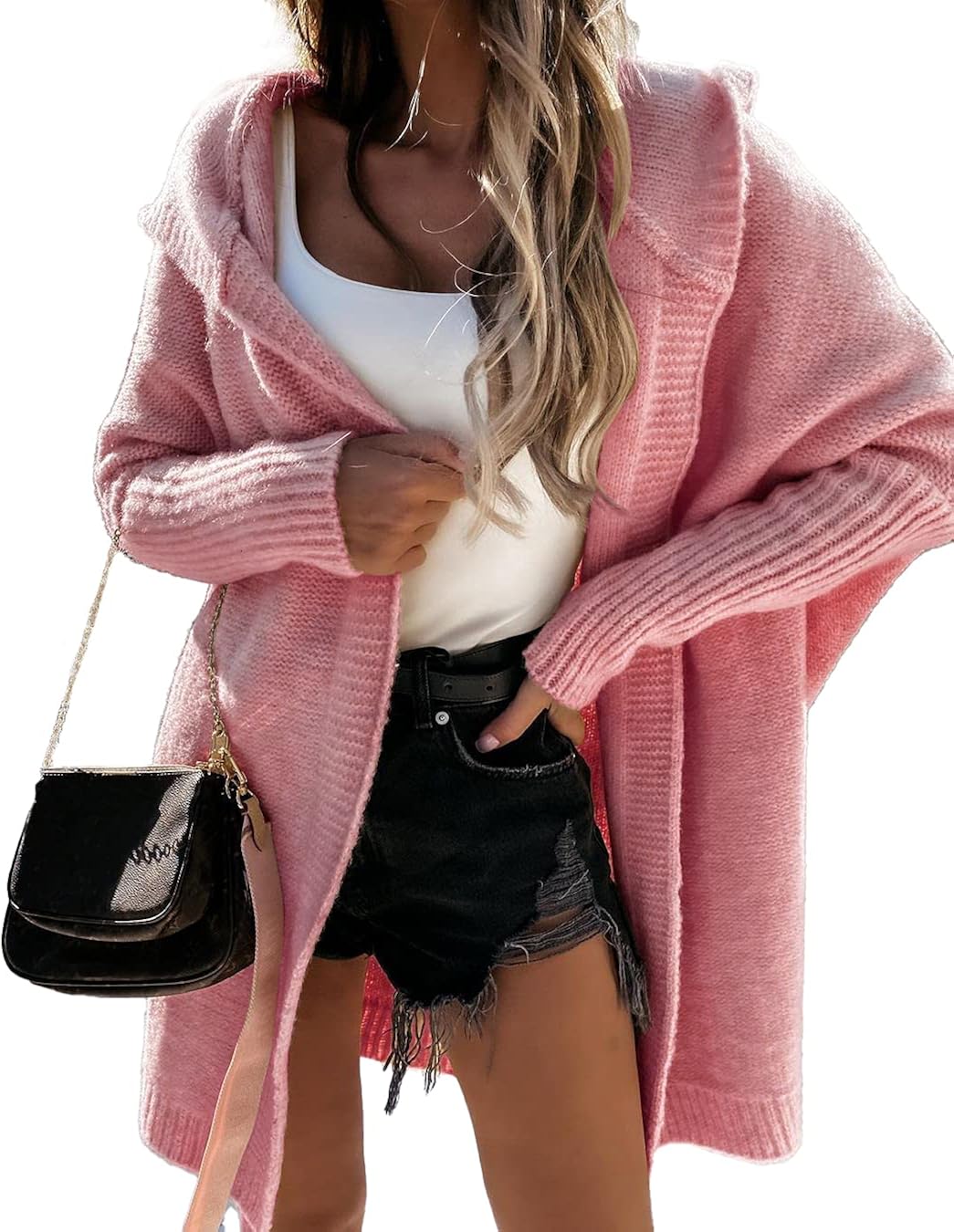 PRETTYGARDEN Women’s Causal Open Front Cardigan Soft Hoodie Oversized Knit Sweaters (Pink, X-Large, x_l)