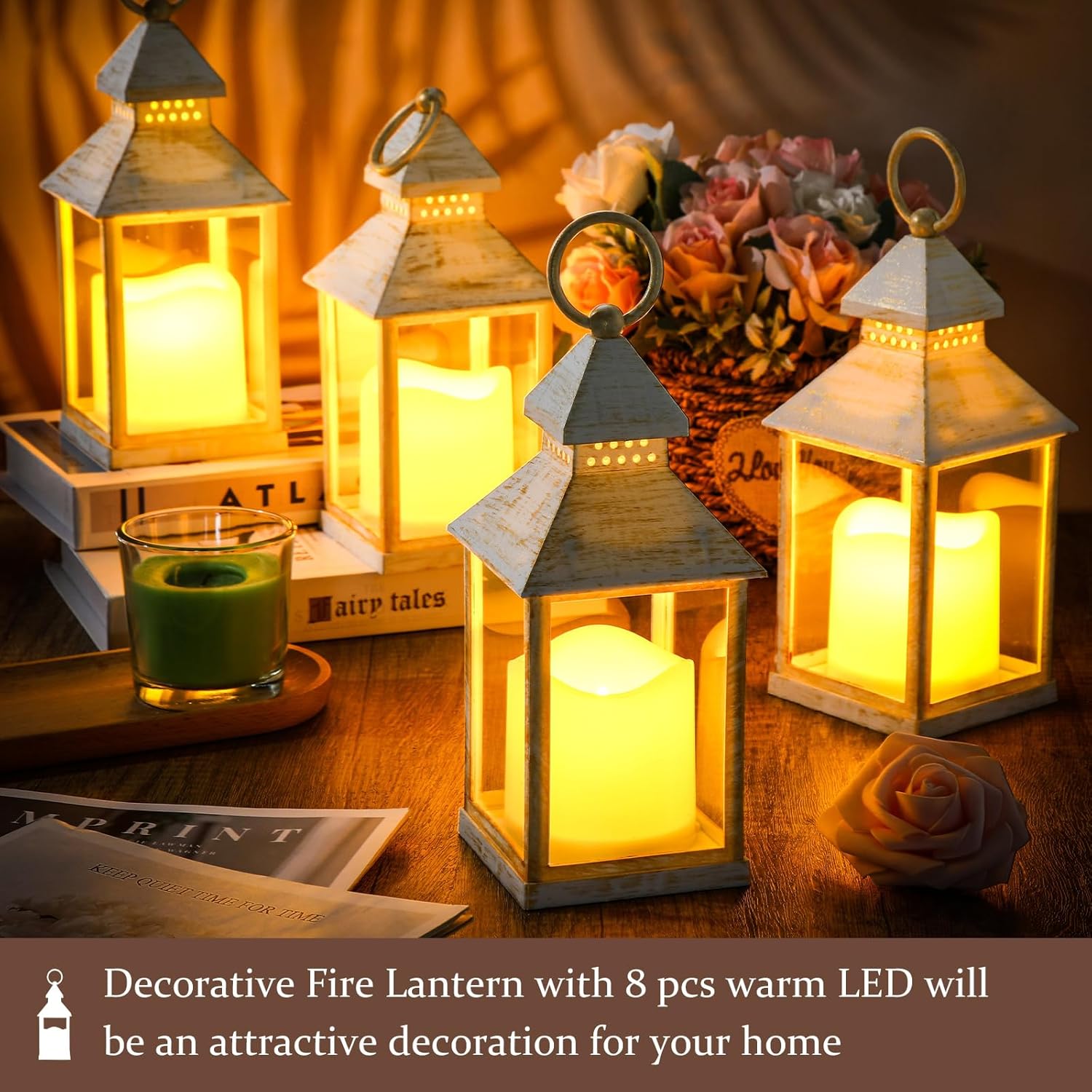 Sumind 8 Pack 9" Decorative Candle Lantern with Flameless Candle Wood Grain Lantern Hanging Vintage Rustic Farmhouse Decor Wedding Decoration Table Centerpiece for Indoor Outdoor Party(White)