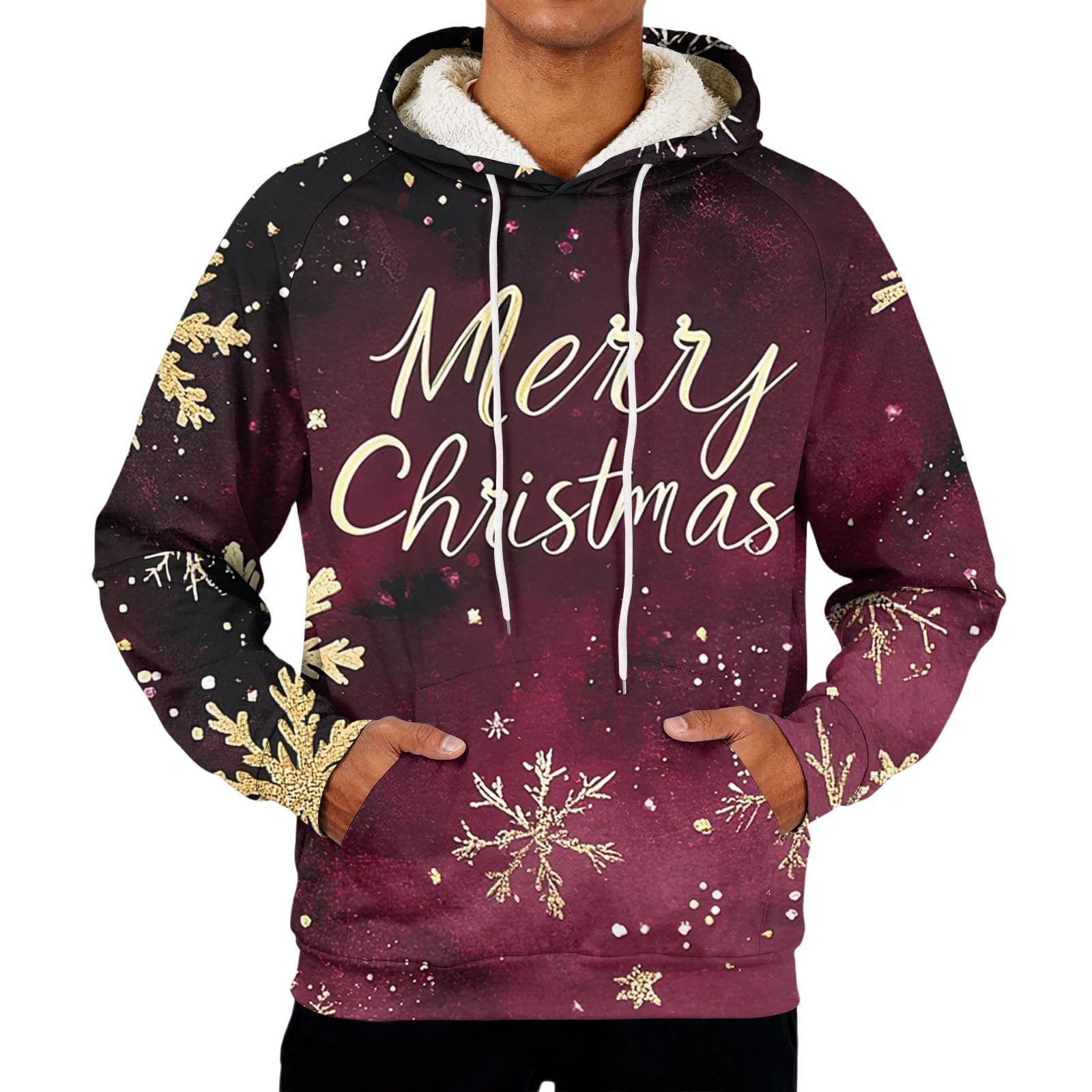 Sudadera con capucha de Navidad con forro polar para hombre, divertidas sudaderas de Papá Noel, con diseño de árbol de Navidad, trajes de Navidad, camisetas de manga larga, suéter cálido de sherpa
