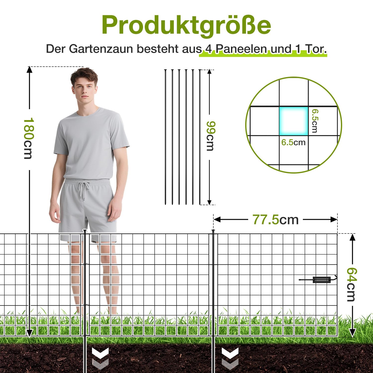Dekorative Gartenzaun, Teichzaun Set 1 Tor+4 Teichzaun Steckzaun Metall mit Zaunelemente und Freigehege Gartenzaun Tiergehege, mit Schloss, Haustier Zaun (Gerade, Grün)