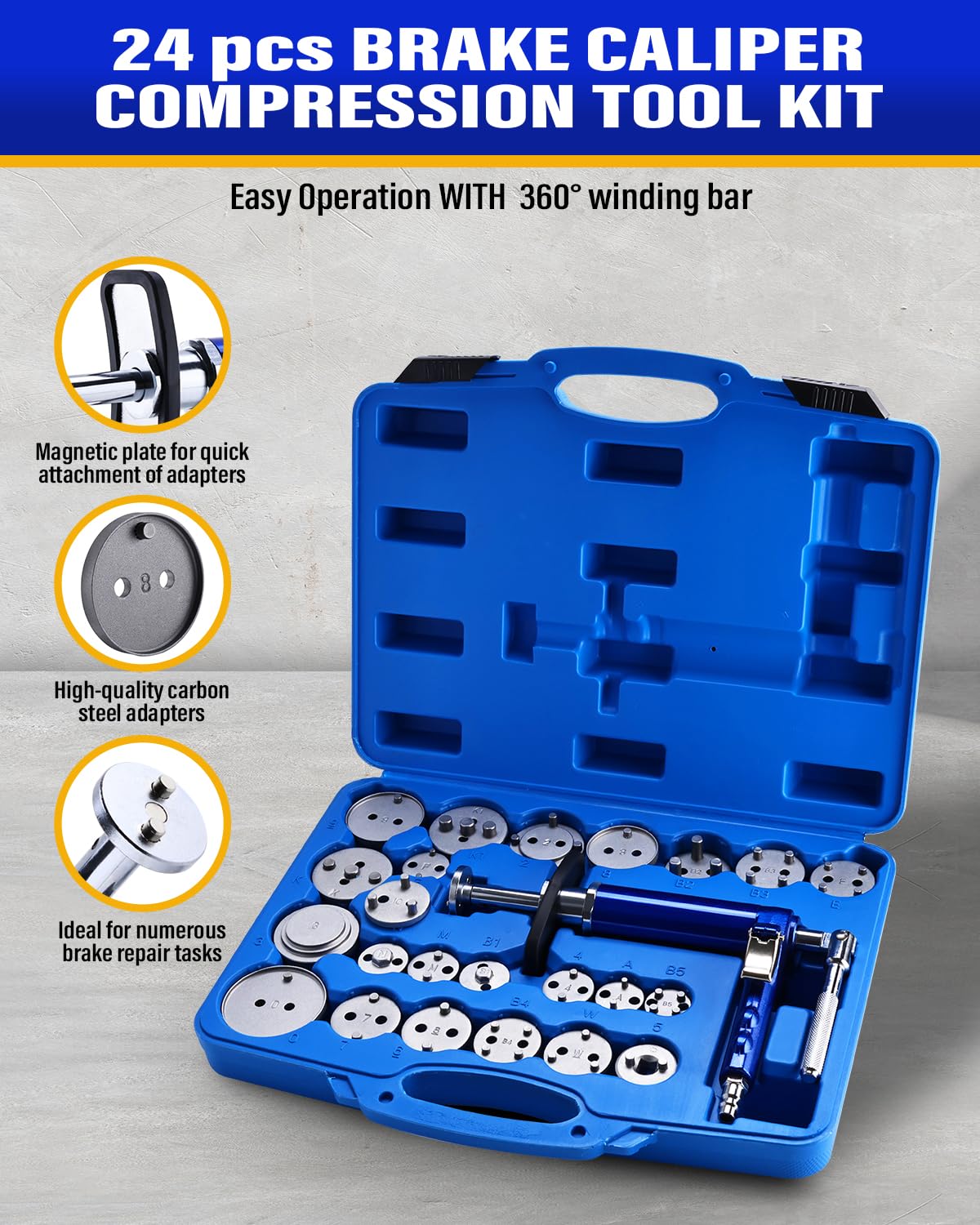 BOOMSTART Pneumatisches 24-TLG. Bremssattel-Kolbenrücksteller-Set Air-Powered Wind-Back Tool mit 23 Adaptern – Universal für Inlands- & Importfahrzeuge