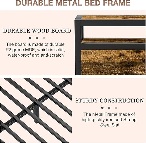 Miniatura 6 de Codesfir Base de cama tamaño Queen con plataforma industrial con estación de carga cabecera de almacenamiento de 2 niveles y patas de apoyo fuertes