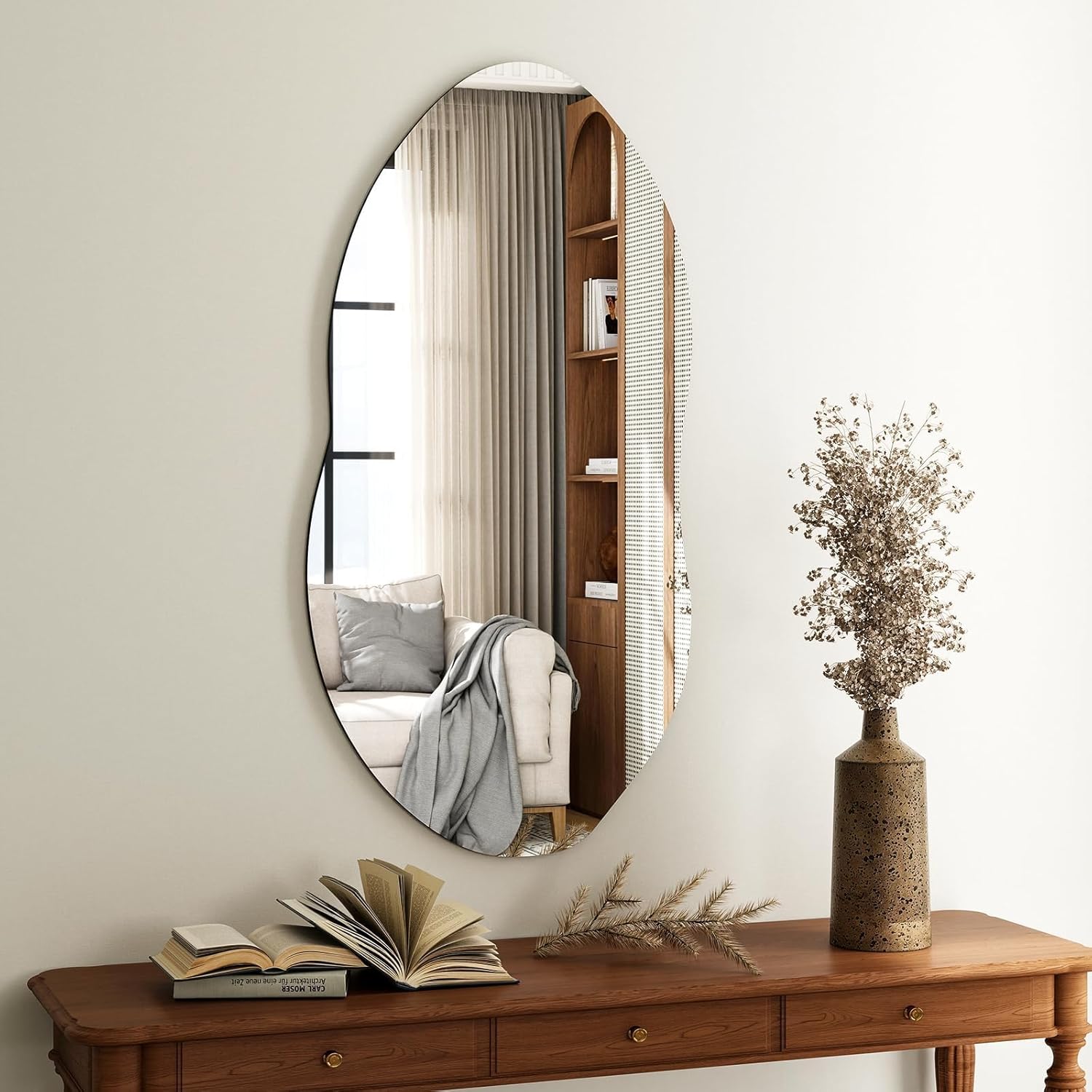 Irregular Wall Mirror, 38 x 22 Inch Asymmetrical Frameless Mirror for Bathroom, Living Room, Bedroom, Modern Abstract Vanity Mirror with Shatter-Proof Glass