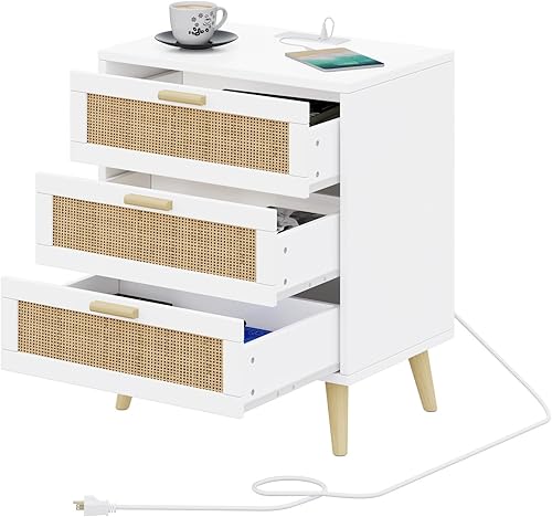 Miniatura 7 de Irontar Mesita de noche de ratán con estación de carga, mesita de noche con cajones decorados de ratán, mesa auxiliar de granja, mesita de noche con
