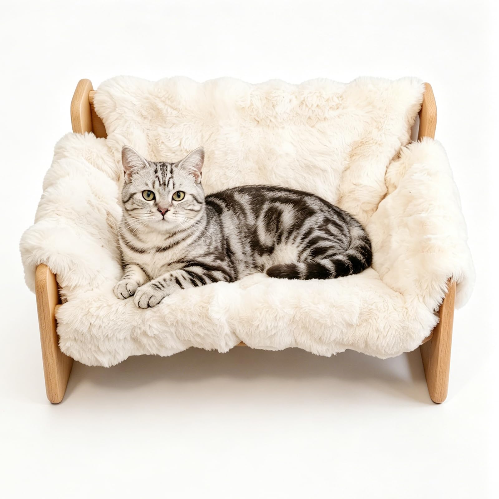 AtomviaErhöhtes Katzenbett aus Holz 69 x 47 x 30 cm, Katzensofa mit Abnehmbarem Waschbarem Plüschbezug, Katzenliege Indoor, Robustes Katzenmöbel für Kleine und Große Katzen, Cremeweiß