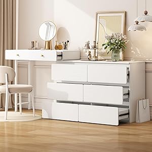 Tocador 180 x 40 x 85 cm. Incluye armarios laterales extensibles. Práctico armario de almacenamiento de tres niveles, seis cajones, cómoda blanca