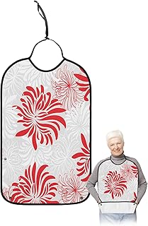 BOBOWUNY Spring Red Flowers Adult Bibs for Elder Women Men Eating, Bright Red White Chrysanthemum Waterproof & Washable Bibs for Eating Clothing Protector Dining Bibs for Crumb Catcher