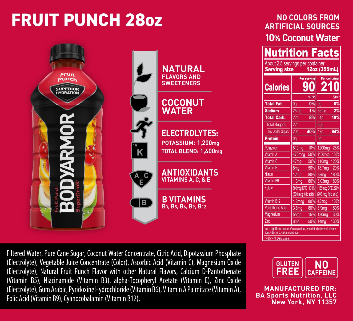 BODYARMOR Sports Drink Sports Beverage, Fruit Punch, Coconut Water Hydration, Natural Flavors With Vitamins, Potassium-Packed Electrolytes, Perfect For Athletes, 28 Fl Oz (Pack of 12)