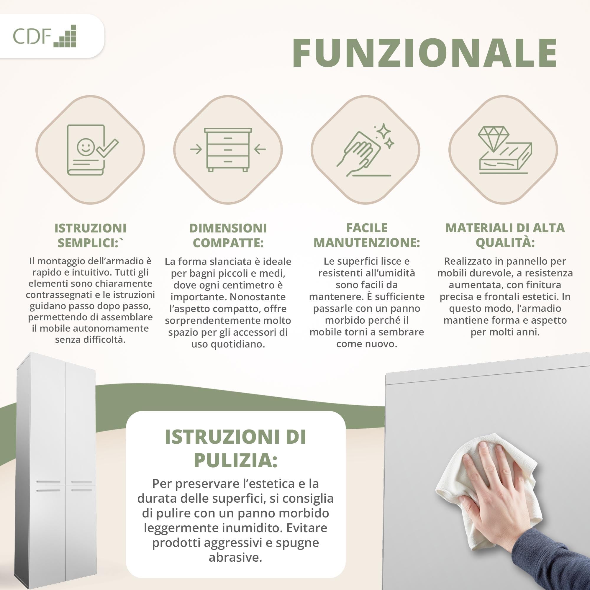 CDF Mobile da Bagno con Armadietti e Ante Bianco Colonna Bagno Salvaspazio 1 Cesto per la Biancheria Mobile Alto a Colonna Cesto Portabiancheria Armadio Bagno 174 x 60 x 30