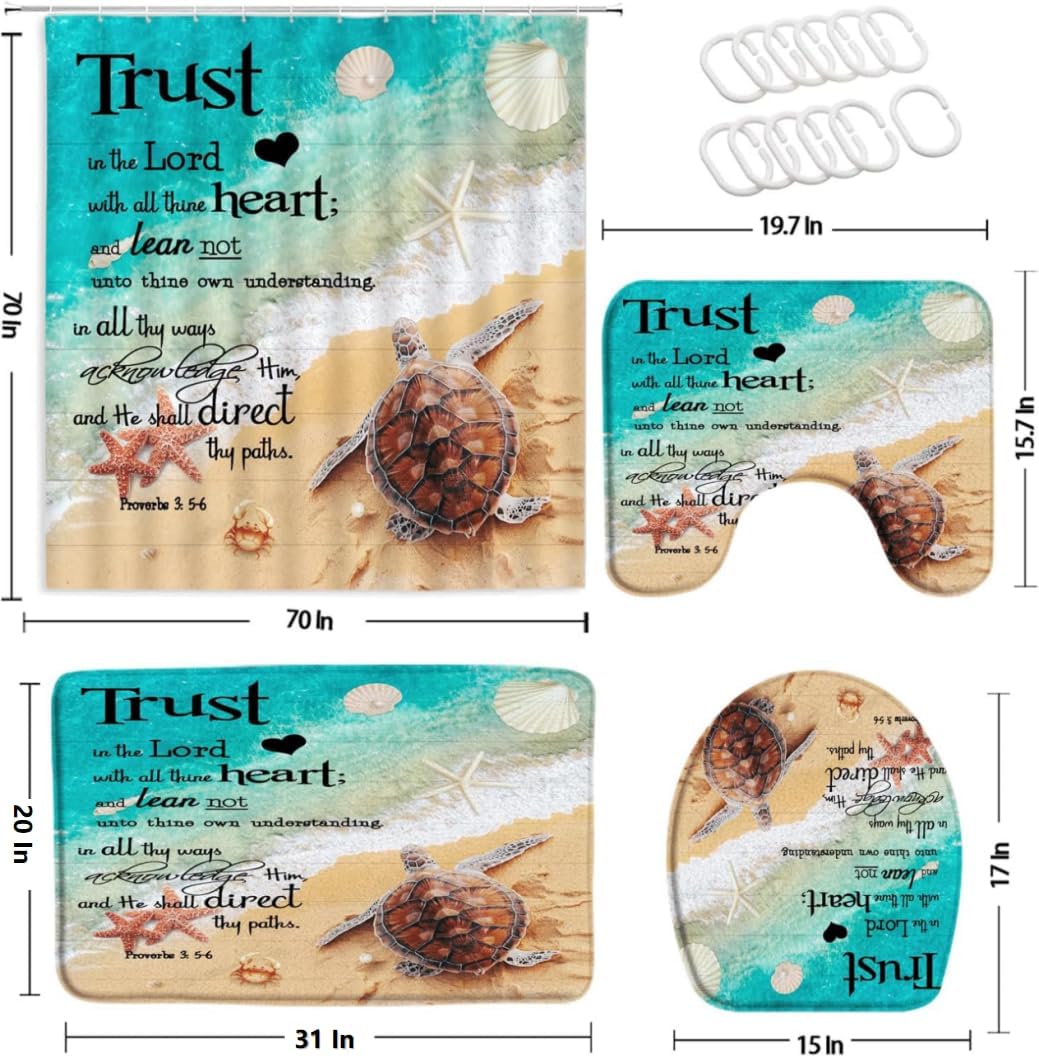 4 Pcs Ocean Beach Shower Curtain Set with Bath Mat Marine Life Sea Turtle Ocean Animal Inspirational Quote Nautical Coastal Starfish Seashell Funny Bathroom Rugs Toilet Lid Cover U Shape 12 Hooks