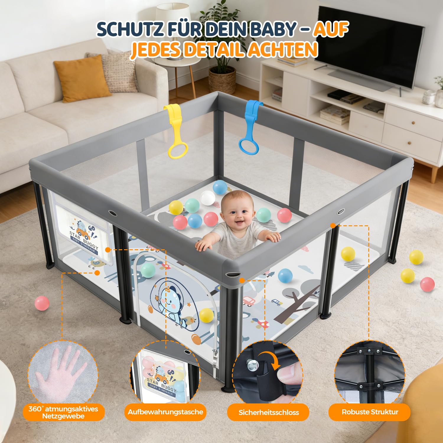 Laufstall Baby Faltbar 127x127 mit Matratze, Tragbar Laufgitter 360° Atmungsaktivem Netz, Oxford Stoff/Rutschfester Basis, Sicher Spielplatz für Kinder, Innen/Außenbereich,Ozeanbälle/Zugringen