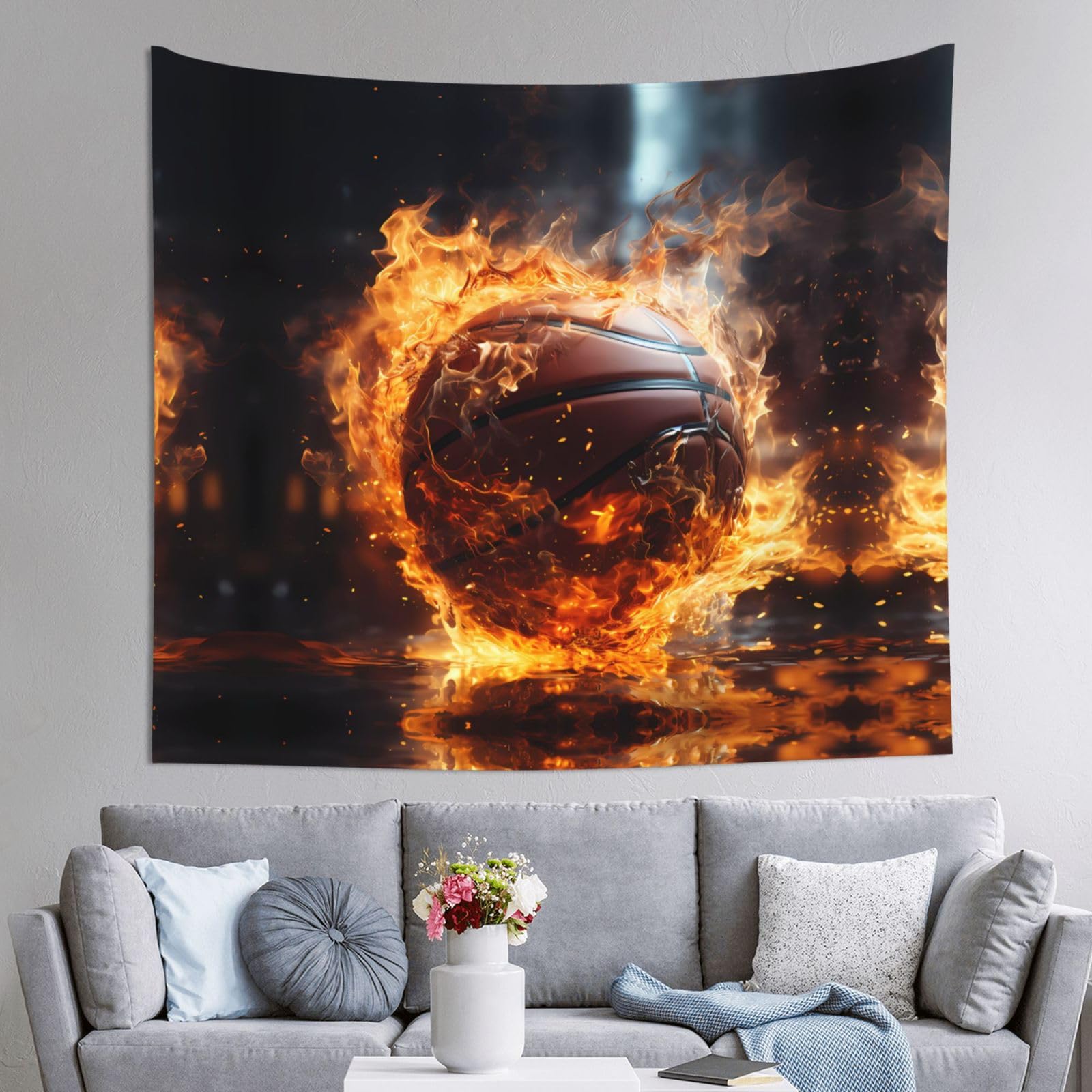 HLSBSSL 60x51in Basketball on Fire and Water Flame Splashing Printed Tapestry Tablecloth for Dormitory and Picnic Rooms - Multifunctional Fabric Hanging