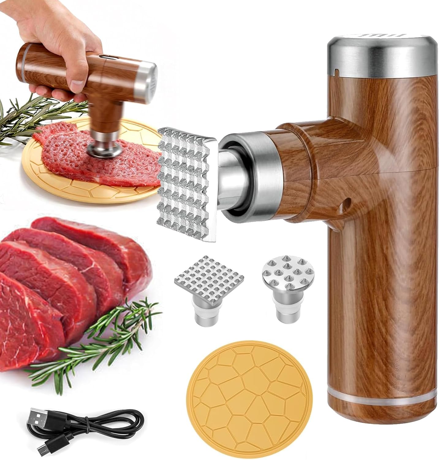 Electric Meat Tenderizer Tool,Cordless Meat Tenderizer Machine with 2 Stainless Steel Meat Mallet,Kitchen Essentials For Tenderizing Steak/Beef/Chicken Chops (brown) (N-09)
