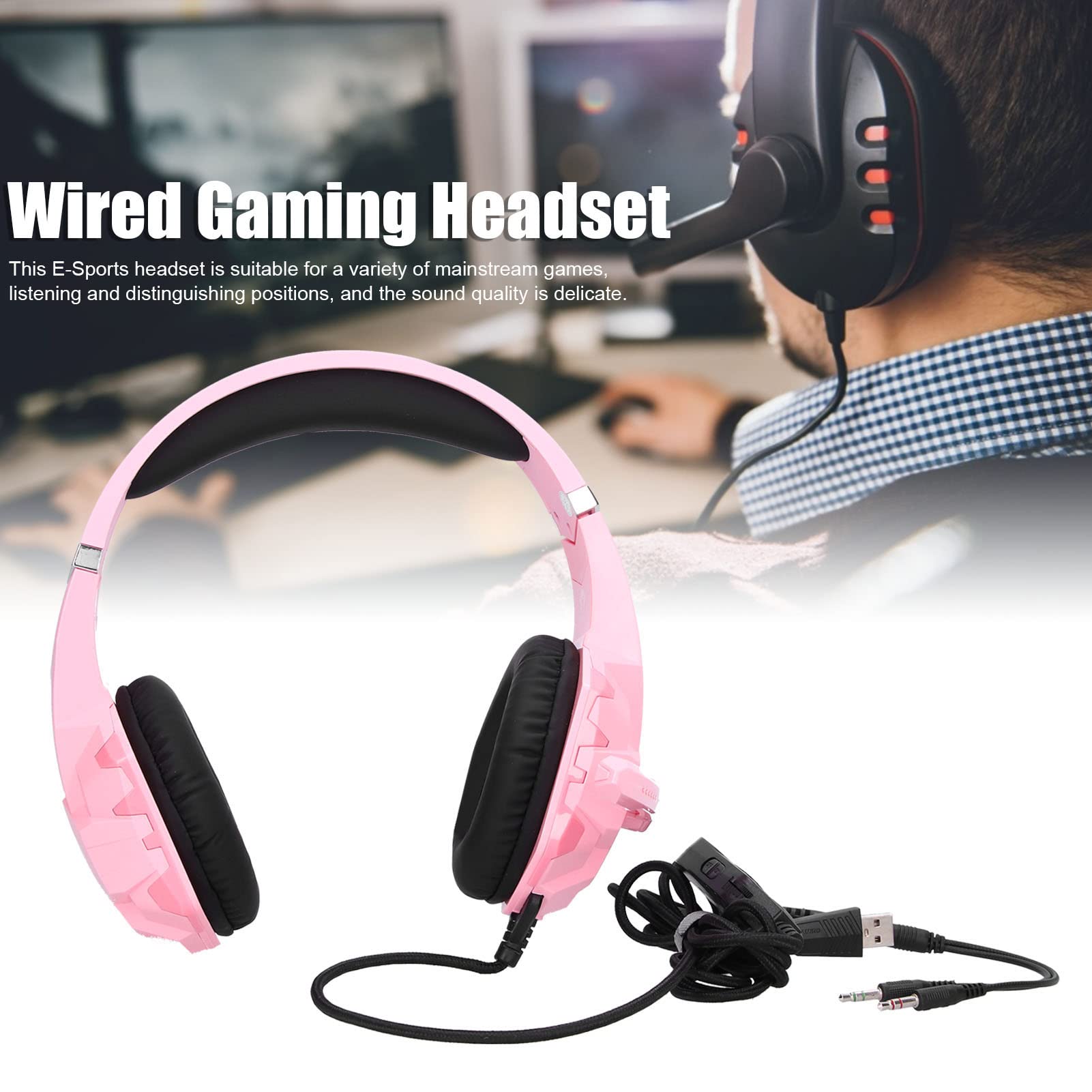JOEBO Zestaw słuchawkowy stereo do gier z dźwiękiem przestrzennym, słuchawki nauszne z redukcją szumów z mikrofonem, światłem LED i miękkimi nausznikami, przewodowy zestaw słuchawkowy do komputera PC