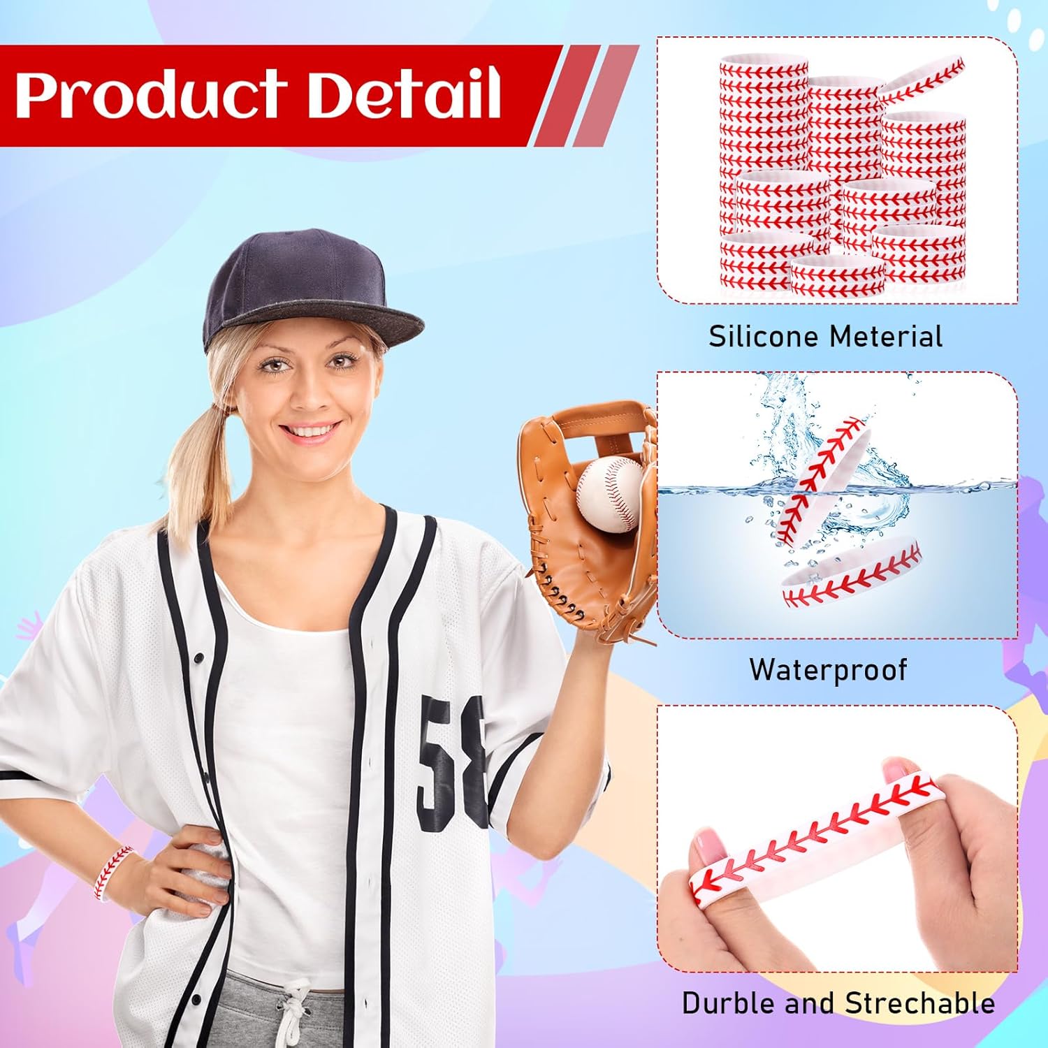 Sasylvia 100 Pcs Baseball Bracelets Bulk Baseball Seam Silicone Bracelet Softball Team Gifts for Team Kids Boys Girls Player Sport Theme Party Favors Supplies