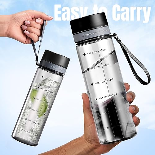 Miniatura 5 de Botellas de agua de plástico, botella de agua transparente de 28 onzas con medidas, botella de agua de boca ancha con correa, botellas de agua de
