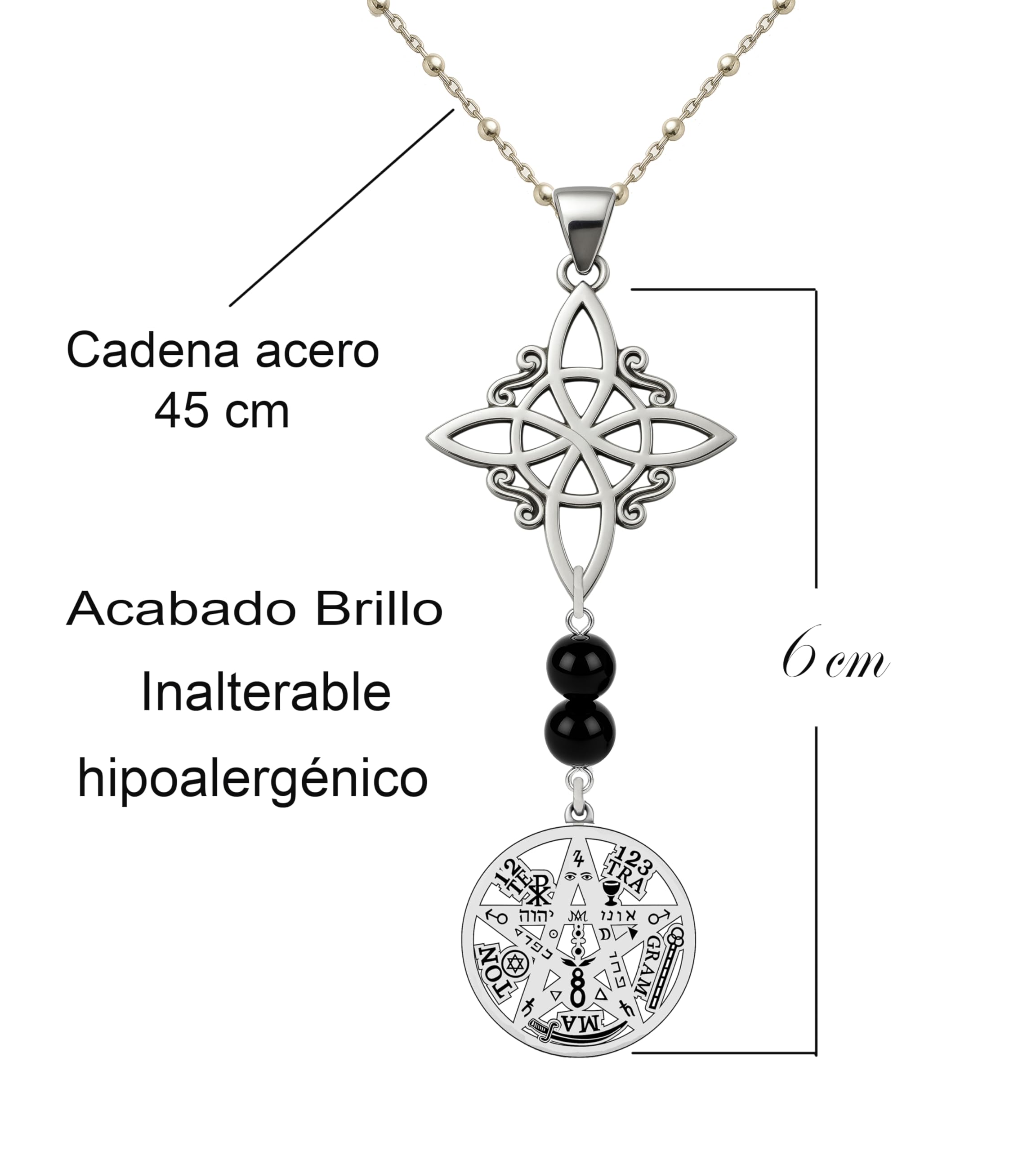 Tetragramatón Acero Inoxidable con Cadena y nudo de brujas– doble protección nudo de bruja y tetragramaton -amuletos de la suerte y proteccion. Amuleto de Protección Energética,turmalina natural.