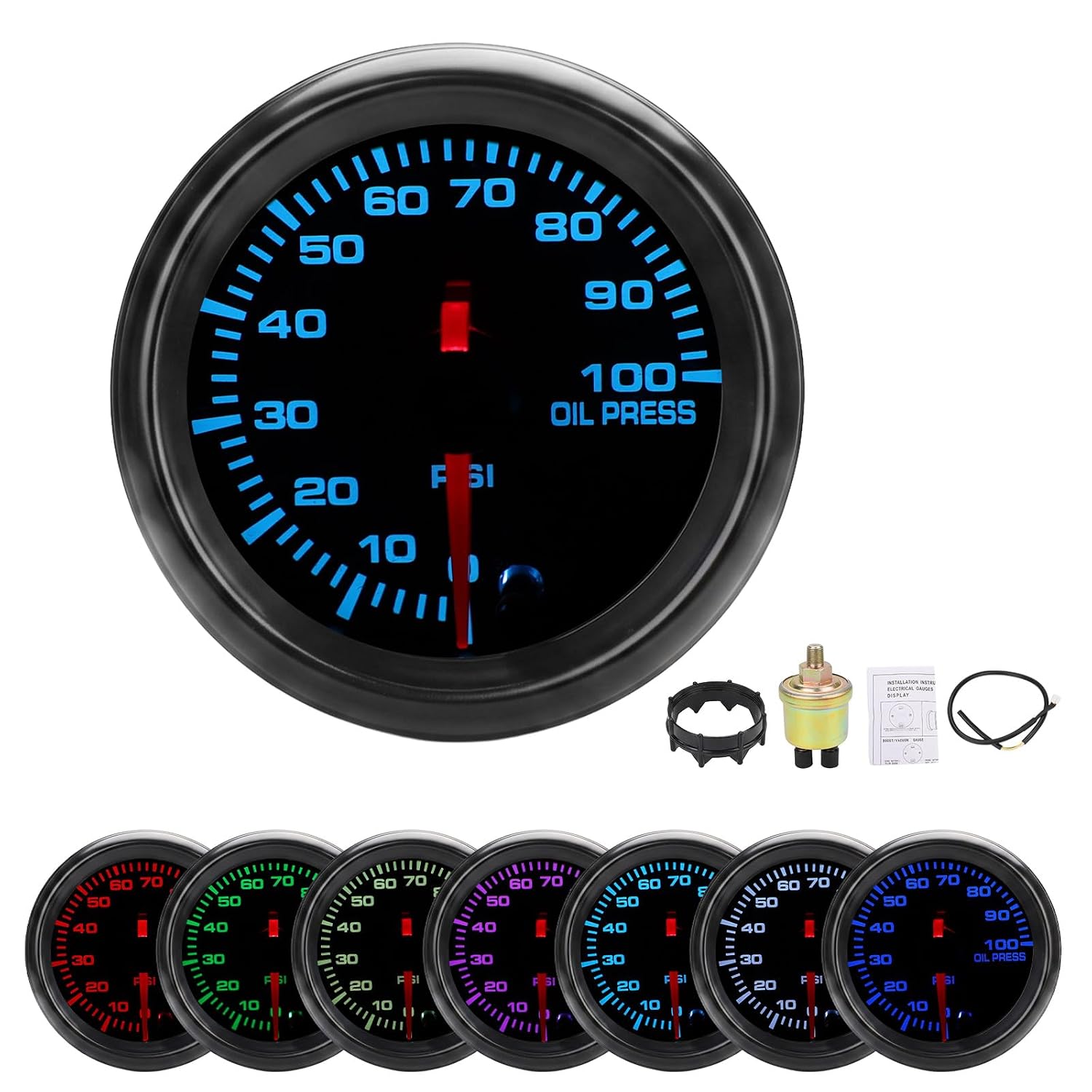 7 Color 100 PSI Oil Pressure Gauge Kit 2-1/16" 52mm