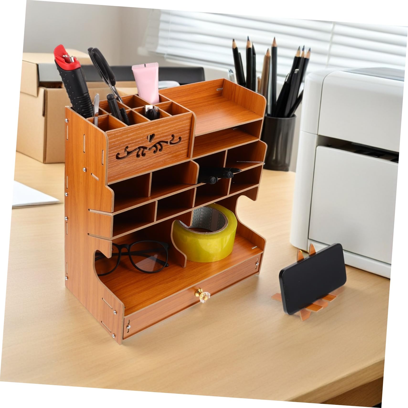 Caja Organizadora de Papelería de Madera con Múltiples Compartimentos