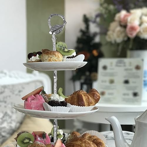 Vista 5 de Soporte de metal pesado para tartas de 3 niveles, 14 pulgadas, soporte para plato de fruta, barra de montaje con lápiz capacitivo (hojas plateadas)