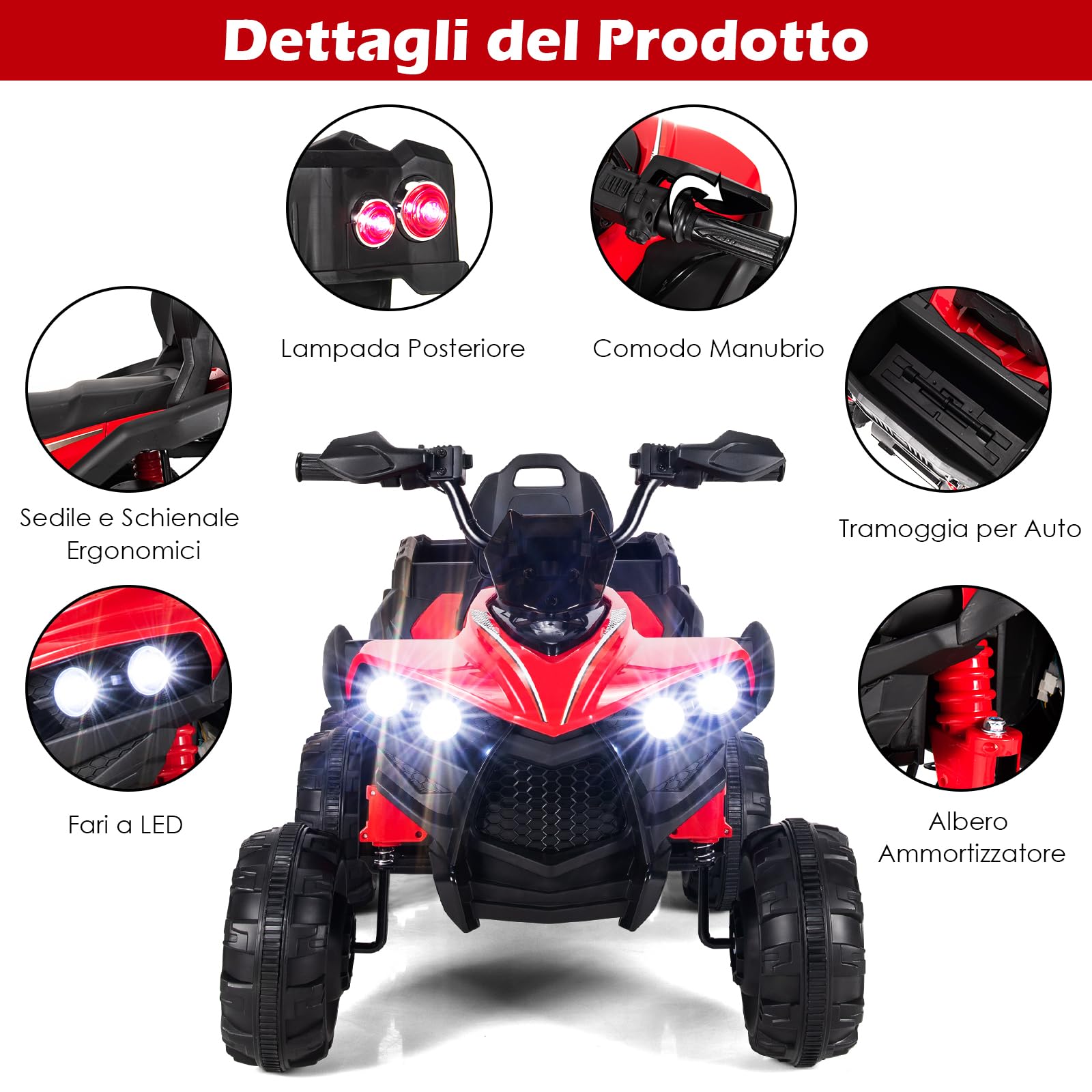 COSTWAY 12V Quad Elettrico per Bambini, Macchina Elettrica per Bambini con 6 Ruote 4 Motori Baule Posteriore Luci LED e Musica, Trazione Integrale, 3-6 km/h, 3 Anni+ (Rosso)