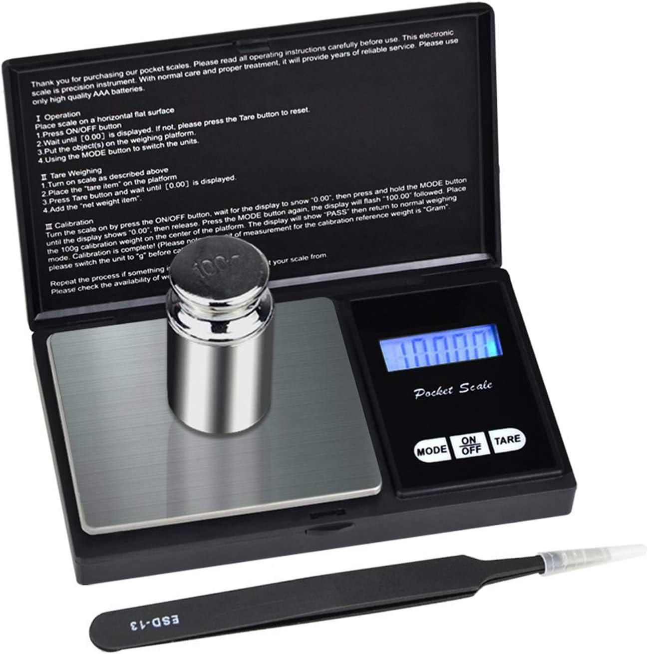 SKYROKU Digital Pocket Scale,100g0.01g Weigh Scale with a 100g Stainless Steel Calibration Weight and a Tweezers (2 Pack)