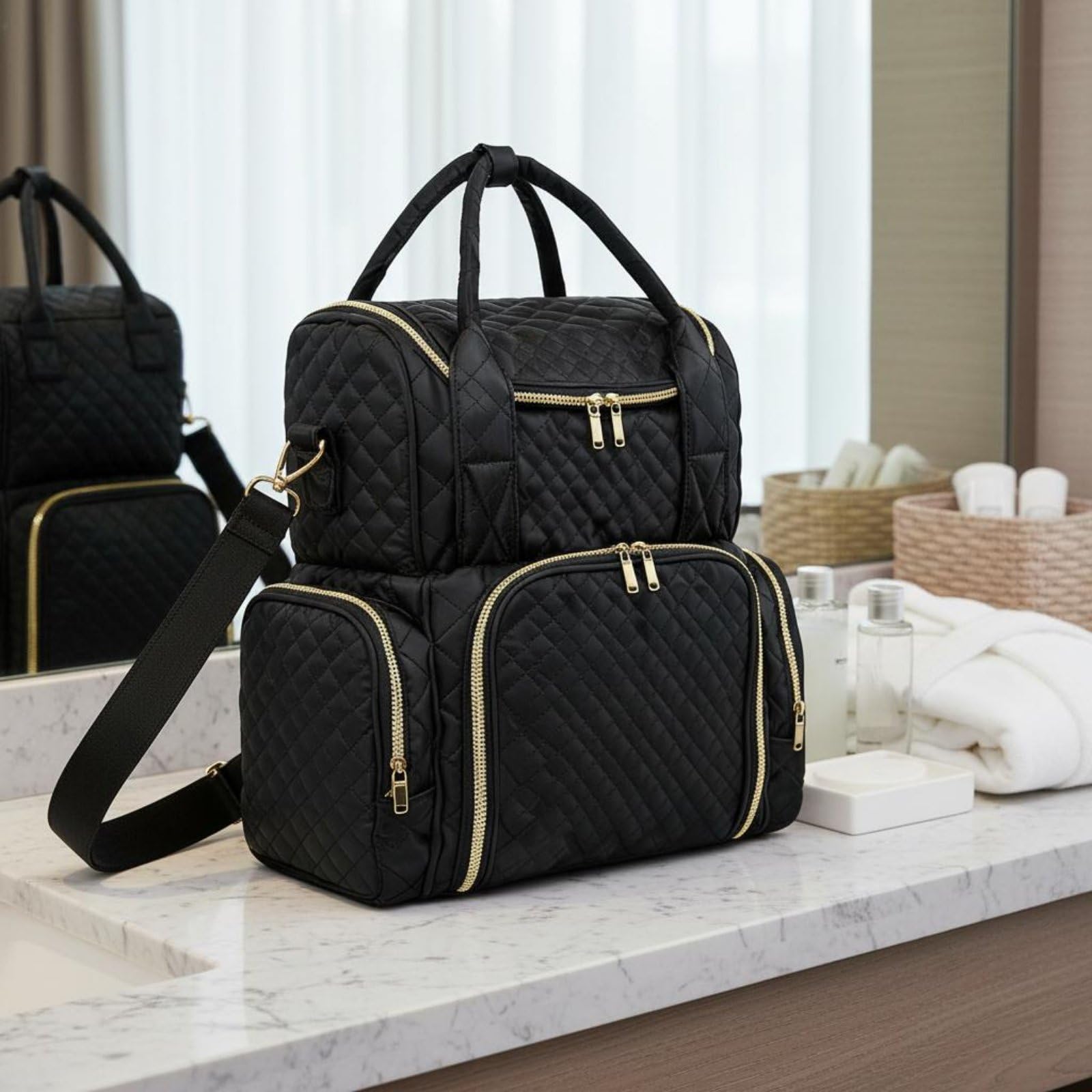 Amagogo Makeup Organizer Borsa Trucco Organizer Cosmetici Beauty Case Portatile Borsa da Toilette in Poliestere Trapuntato con per Pennelli E Smalti a Doppio, Array, Rosa