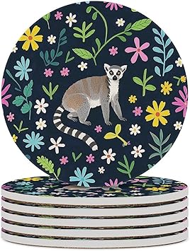 Coasters Set of 4 Round Ceramic Coaster Animals Lemur Flowers - Thumbnail 2