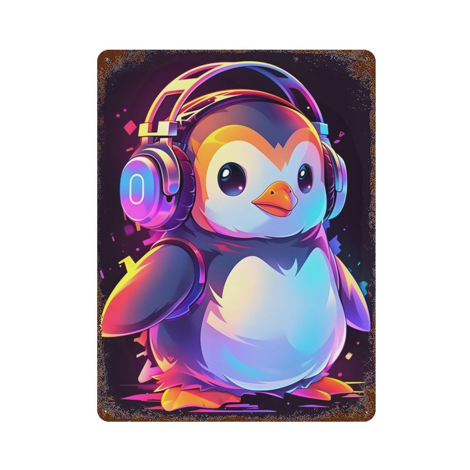 Hip Hop Penguin Rust Effect Tin Sign 15.7"x11.8", Novelty Wall Decor for Garage, Pub Or Kitchen