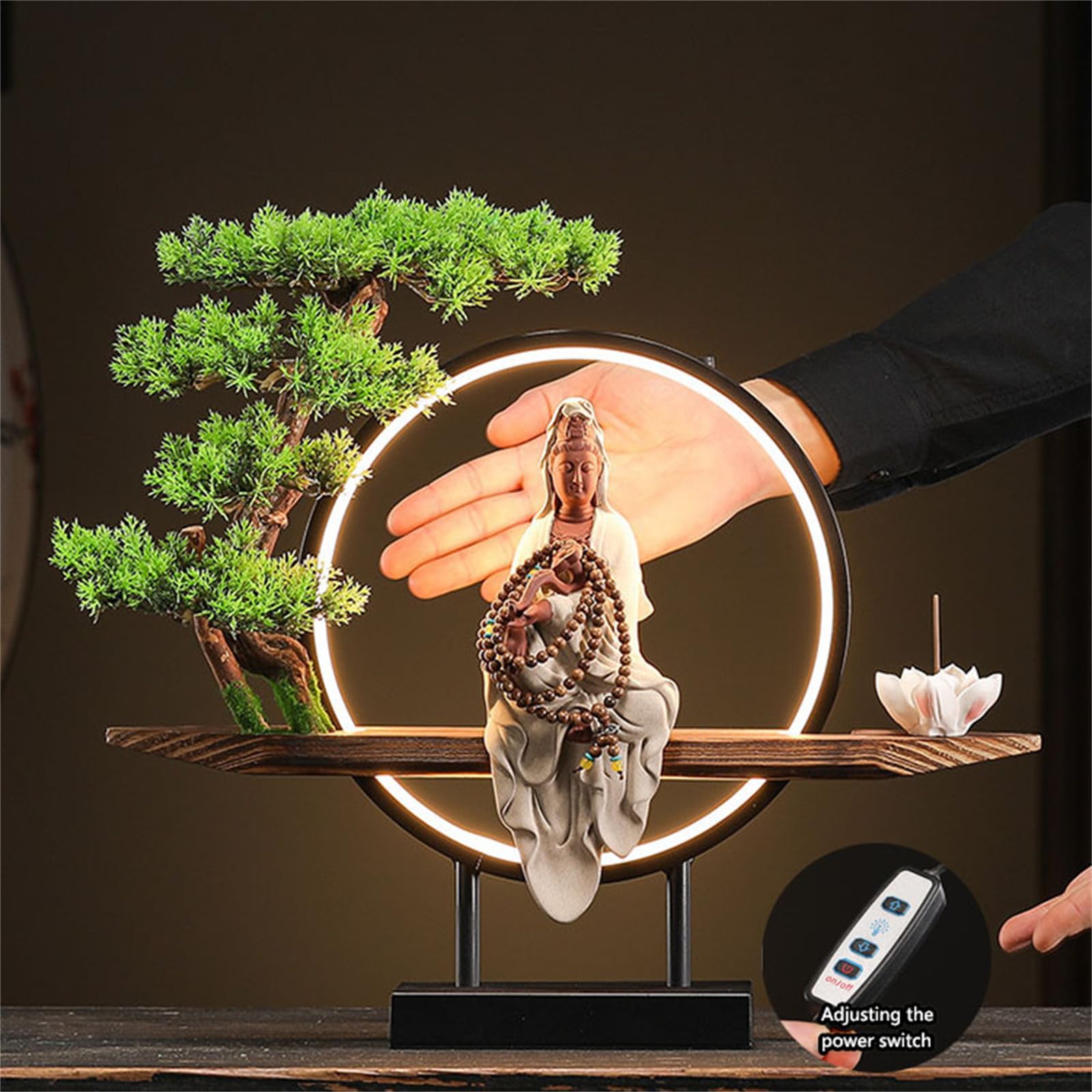 GAENZA Estatua De Buda Kwan Yin De Cerámica, Quemador De Incienso para Interiores con Anillo De Luz LED, Figura Decorativa De Buda con Forma De Bonsái, Decoración para El Jardín Y La Oficina,06