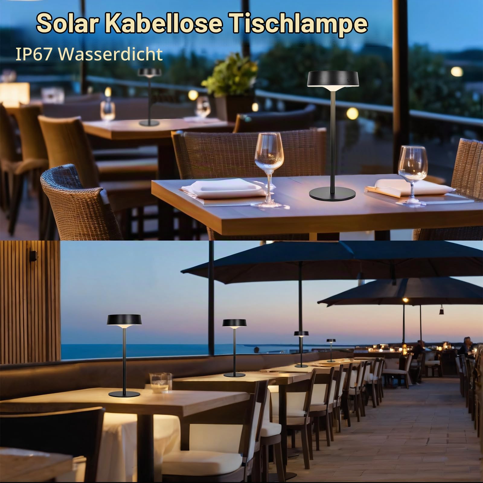 2er-Pack Solar Tischlampe Kabellos, 3CCT Dimmbar Akku Tischleuchte | Alinana IP67 LED Touch Lampe mit Solar- und Type-C Aufladung für Schlafzimmer und Garten