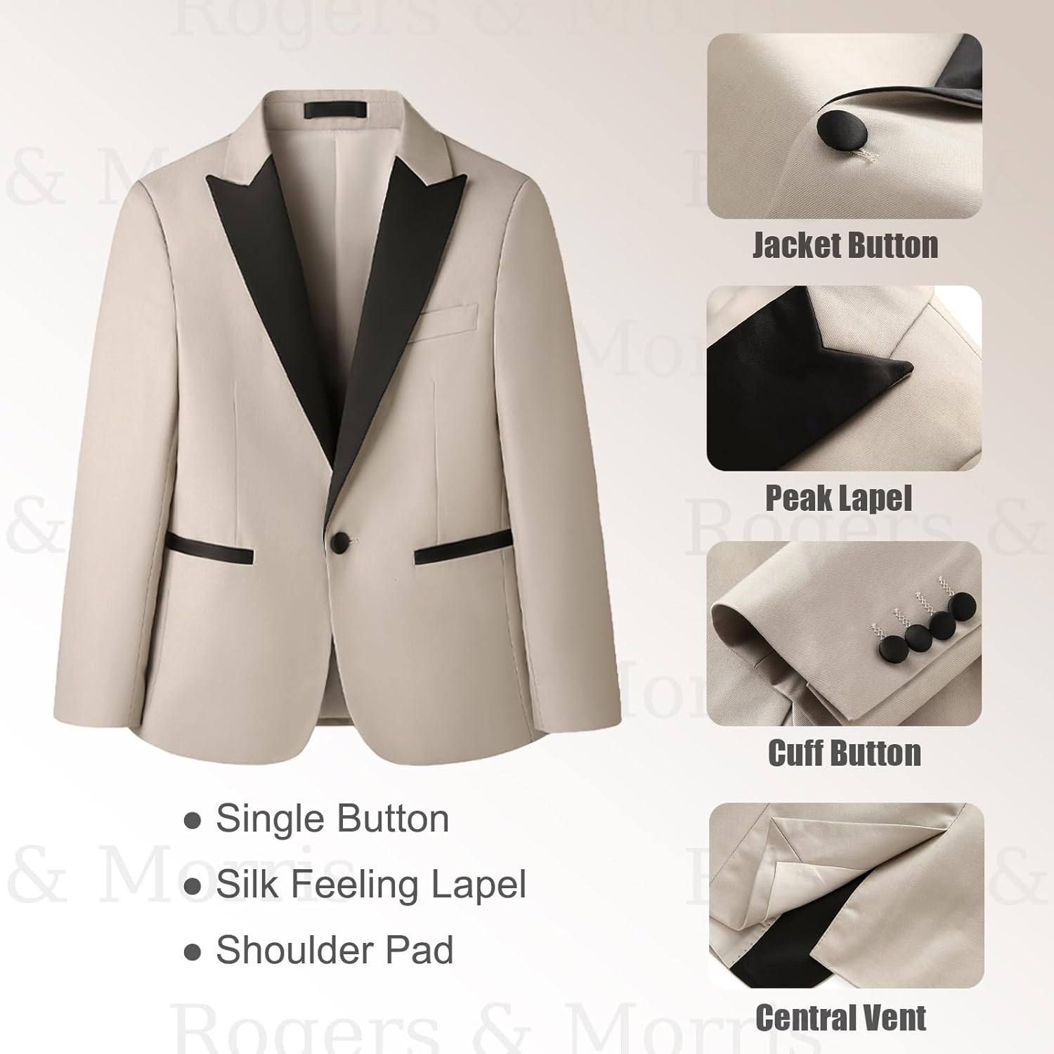 Rogers & Morris Boys Tuxedo Suit Formal Outfits Slim Fit Solid Kids 5 Piece Suit Set Peak Lapel - Image 4