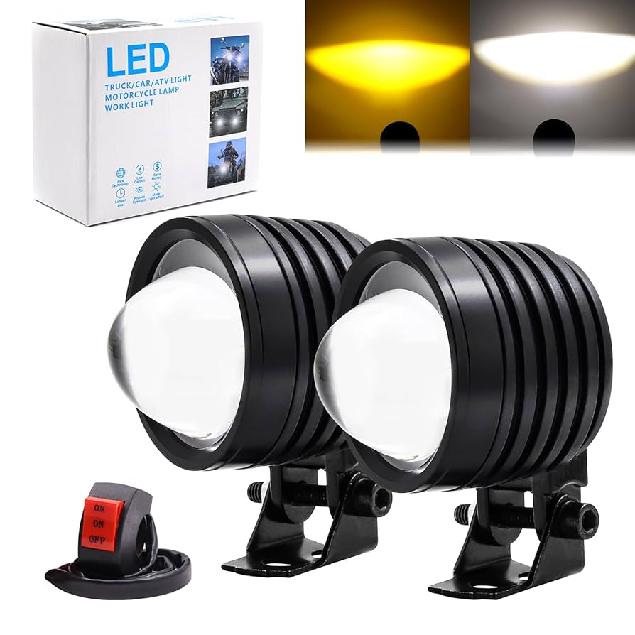 2x Motorcycle Driving Lights With ON/OFF Switch, Mini LED Headlights Fog Lights 12W Spotlight Auxiliary Lights Dual Color 6000K White 3000K Yellow For Bike ATV UTV Truck SUV