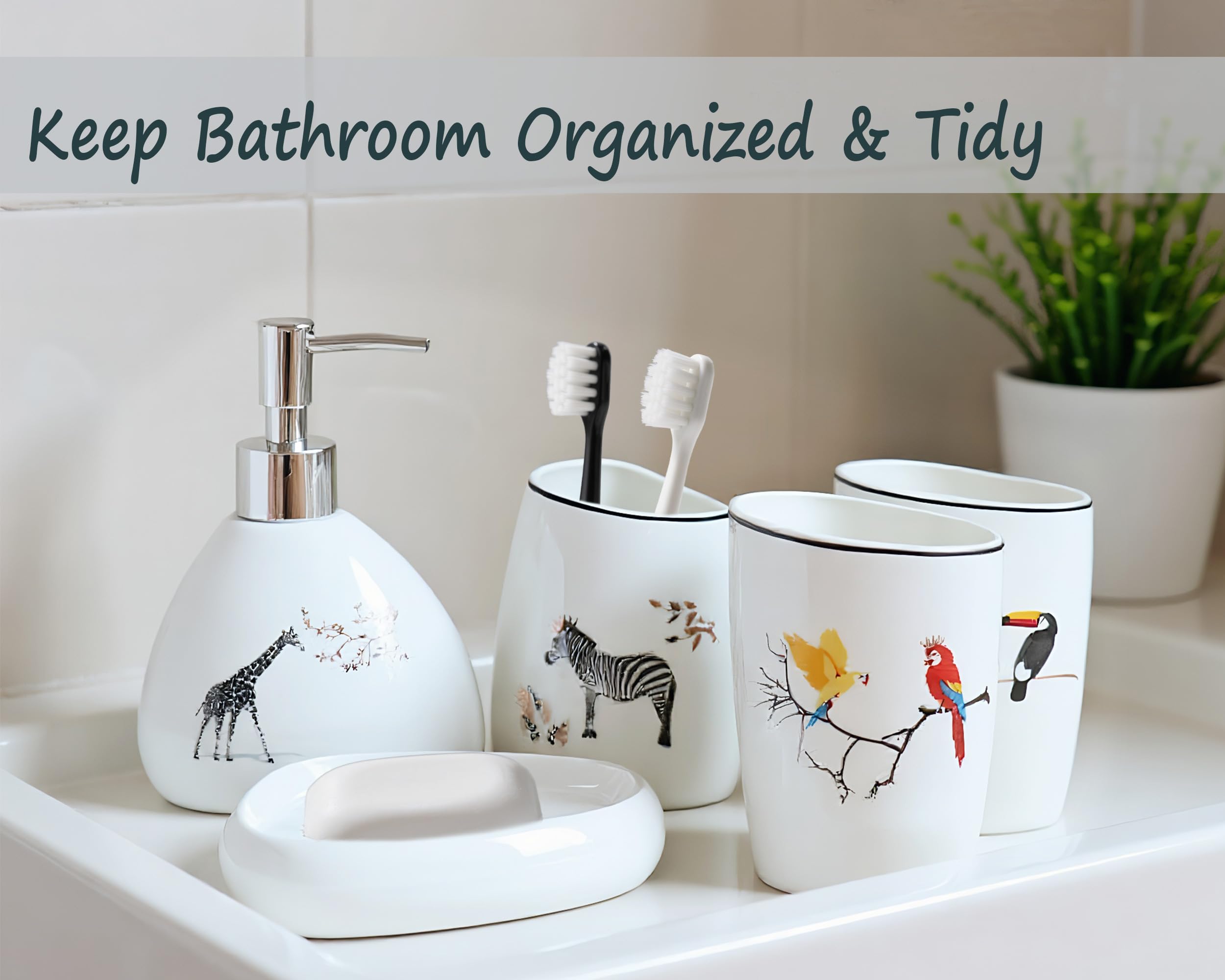 Juego de accesorios de baño de cerámica de 5 piezas con patrón de animales, incluye dispensador de jabón, soporte para cepillo de dientes, jabonera y 2 tazas de enjuague bucal, decoración