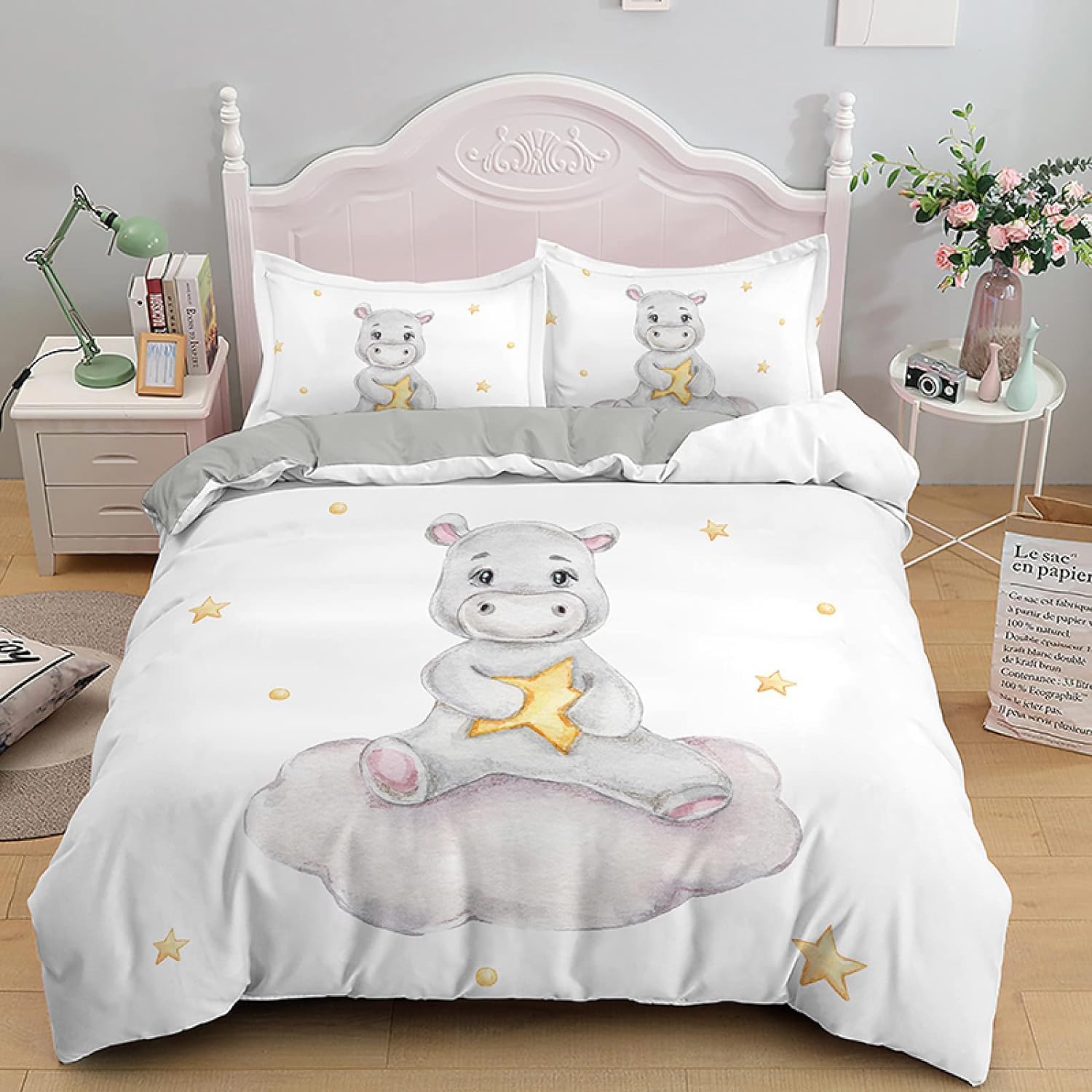 NUEYSP King Size Duvet Cover Sets Hippopotamus Bedding for Kids Aldult Duvet Cover with Zipper Closure Hypoallergenic Microfiber Quilt Cover 94.5"x 86.6" + 2 Pillowcases 19.7"x 29.5"