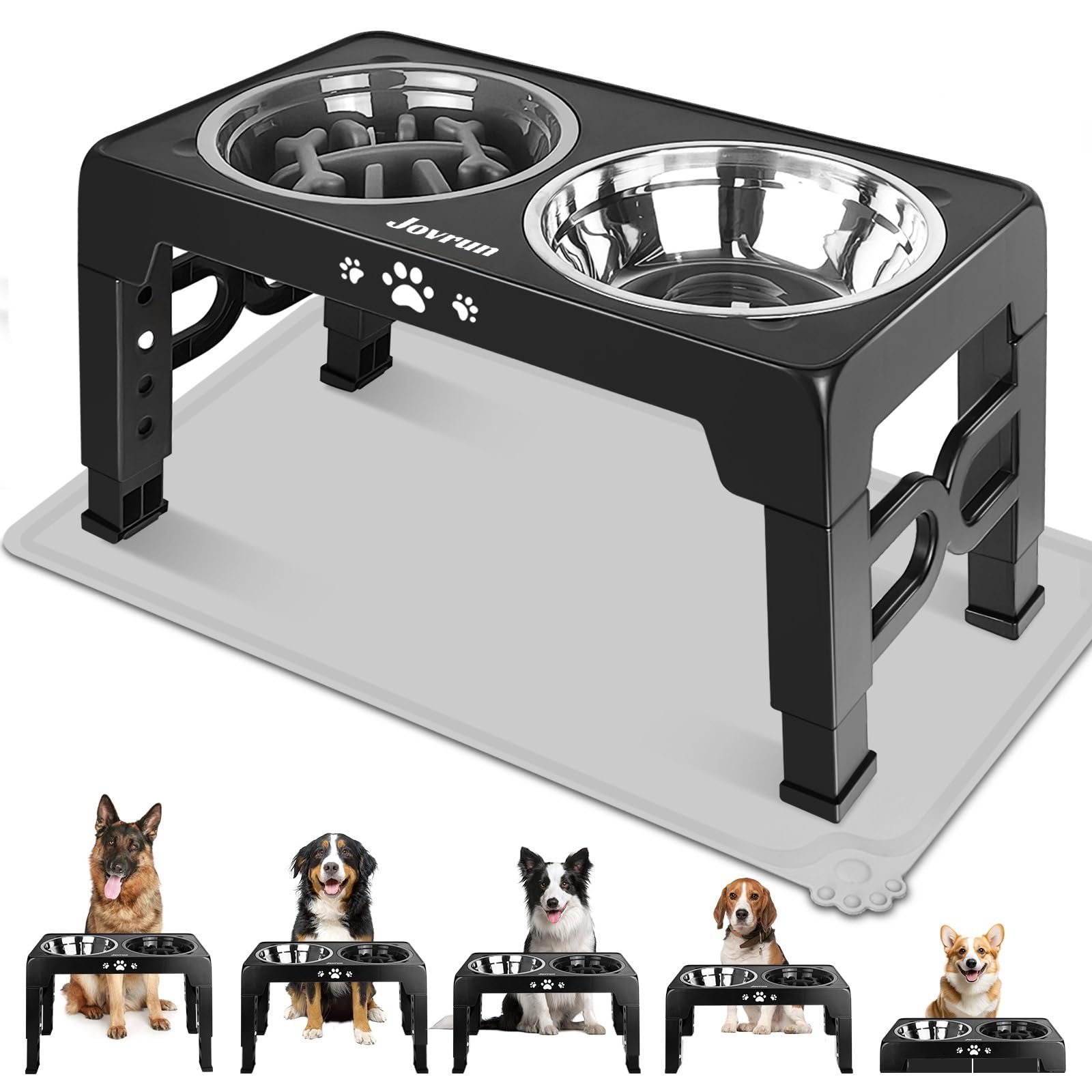 Jovrun Cuencos elevados para perros, soporte elevado ajustable de 5 alturas para perros pequeños, medianos y grandes, comedero para perros con 2 cuencos de acero inoxidable y 1 cuenco de alimentación