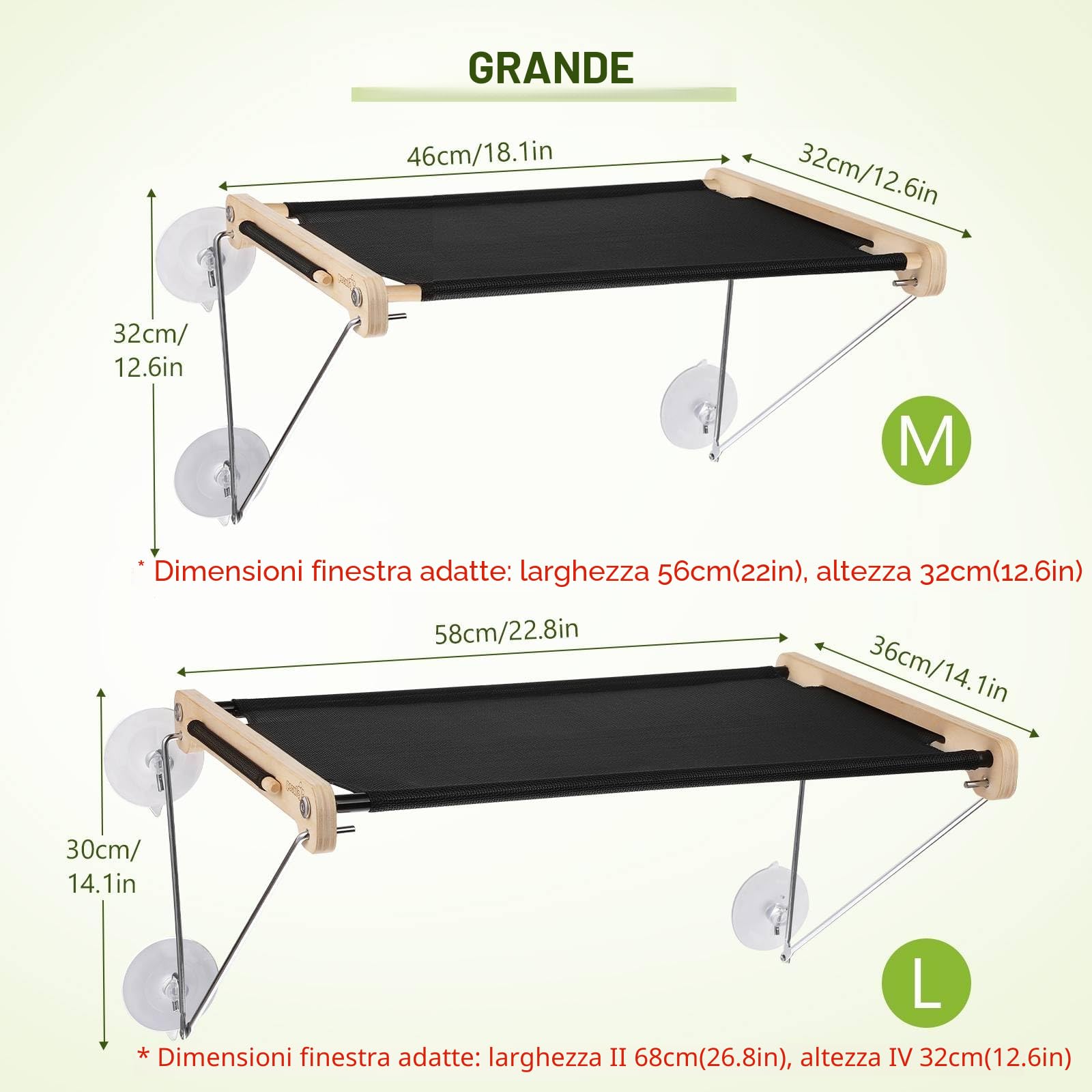 Pecute Amaca per Gatti in Legno Osservazione Degli Uccelli 46 * 32 CM, Letto Montato per Gattini, Trespolo Robusto con 4 Ventose, Facile da Montare, può Contenere Fino a 15 kg