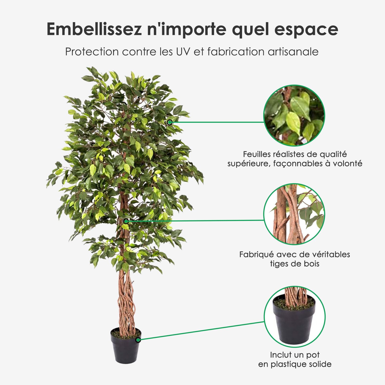 HOMESCAPES Plantes Artificielles Interieur, Ficus Benjamina Plante Artificielle, 180cm, Fausse Plante Interieur, Arbre Artificiel, avec Tronc en Bois véritable, Maison Balcon Déco (1 Pack)