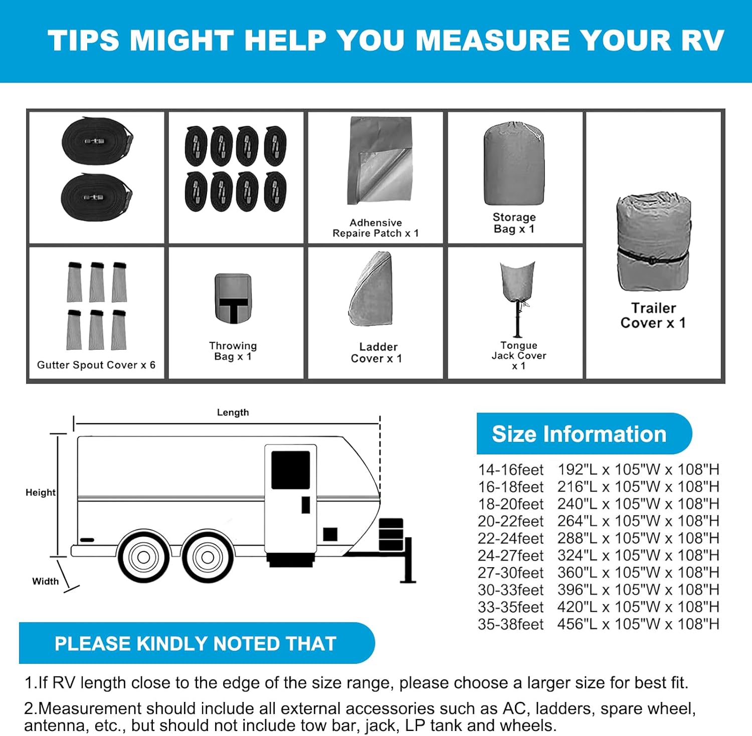 Travel Trailer RV Cover 7 Layers Top Heavy Duty Camper Cover 18'-20' Windproof Waterproof Anti-UV Ripstop with 8Pcs Extra Straps & Tongue Jack Cover