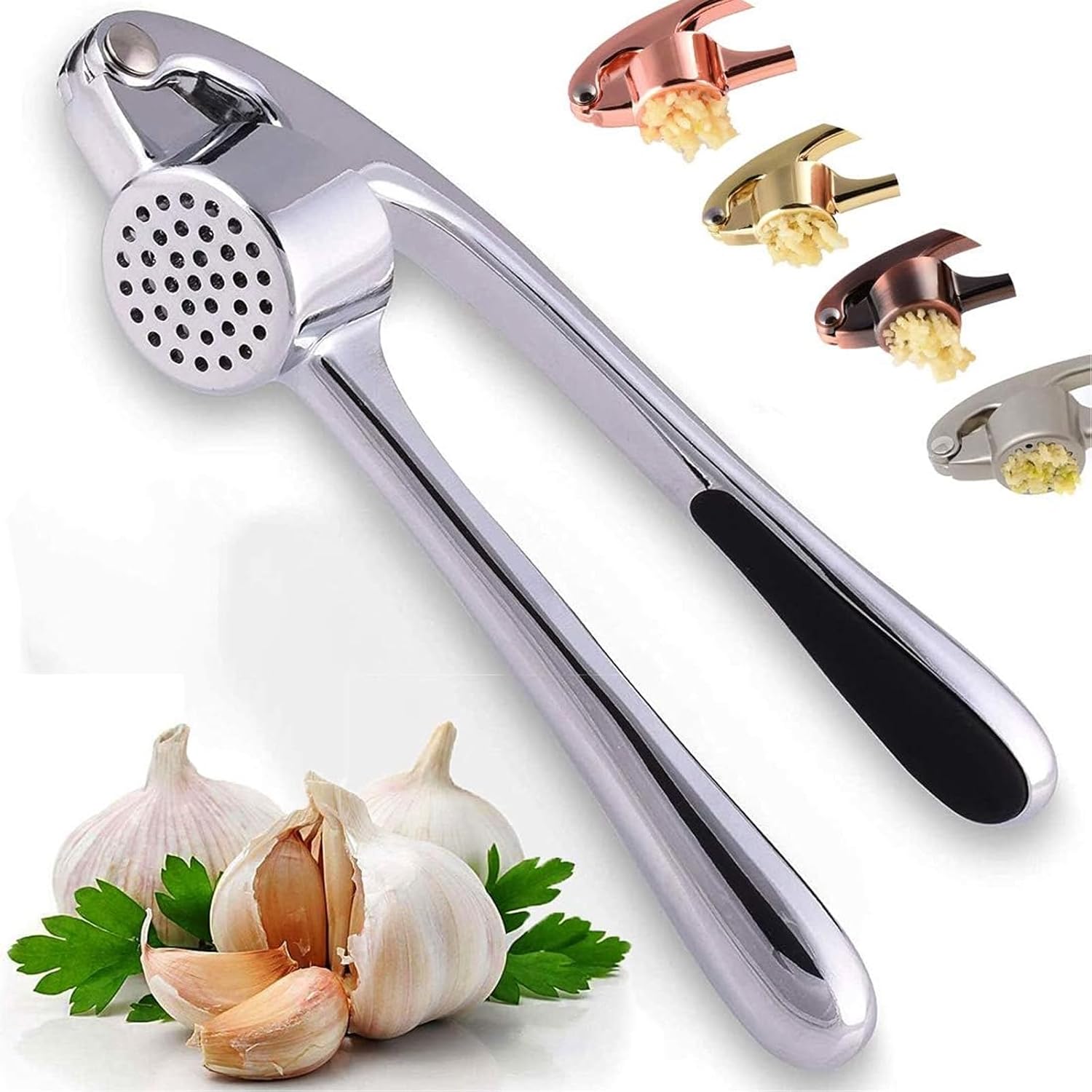 Garlic Press, Stainless Steel and Premium Zinc Alloy Garlic Mincer Tool with Bright Chrome Color, Rust Proof and Durable, Professional Garlic Crusher for Home, Easy Squeeze, Dishwasher Safe