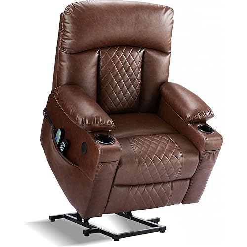 Dual Motor Power Lift Recliner Chairs with Heat and Massage for Elderly, Leather Electric Recliners with Footrest, Infinite Position Lift Chair with Cupholder,USB & Type C Ports(Brown)