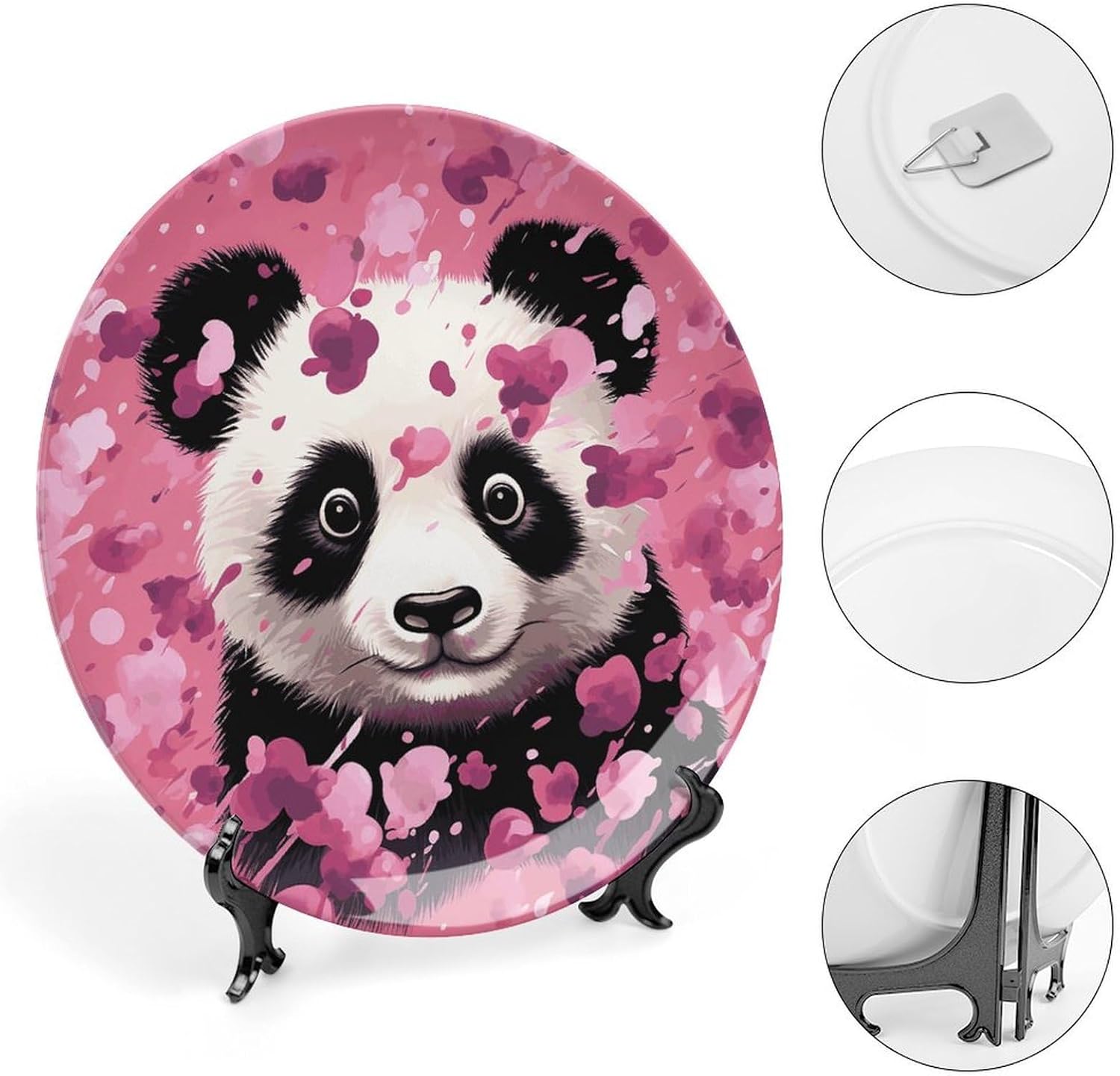 Pink Panda Cotton Ceramic Plate 10inch Decorative Bone China Wall Hanging Ornament Plates Bohemian Style Dinner Plate with Display Stand Cabinet Display Plates for Home Art Decor