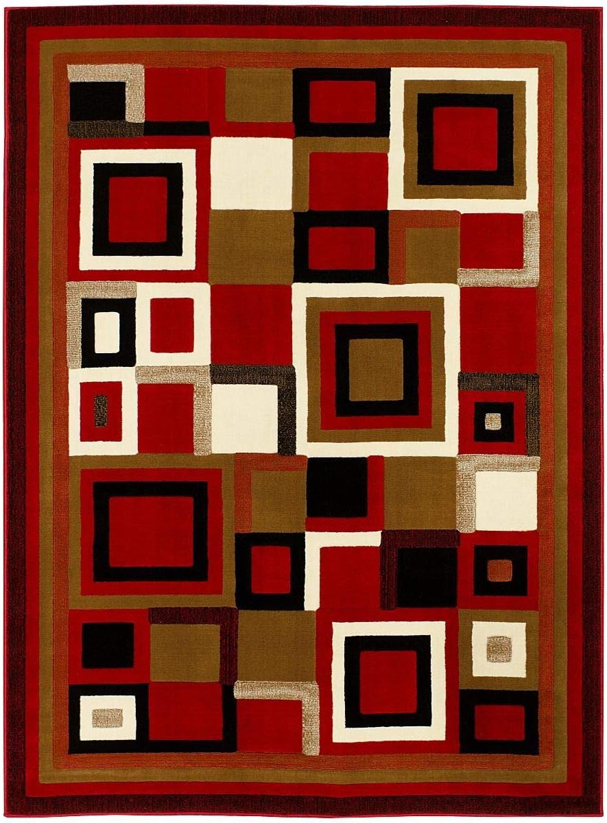 HR-Modern Contemporary Living Room Rugs-Abstract Carpet with Geometric Pattern-Red/Black/Ivory/Beige/Multi (5'2"x 7'2")