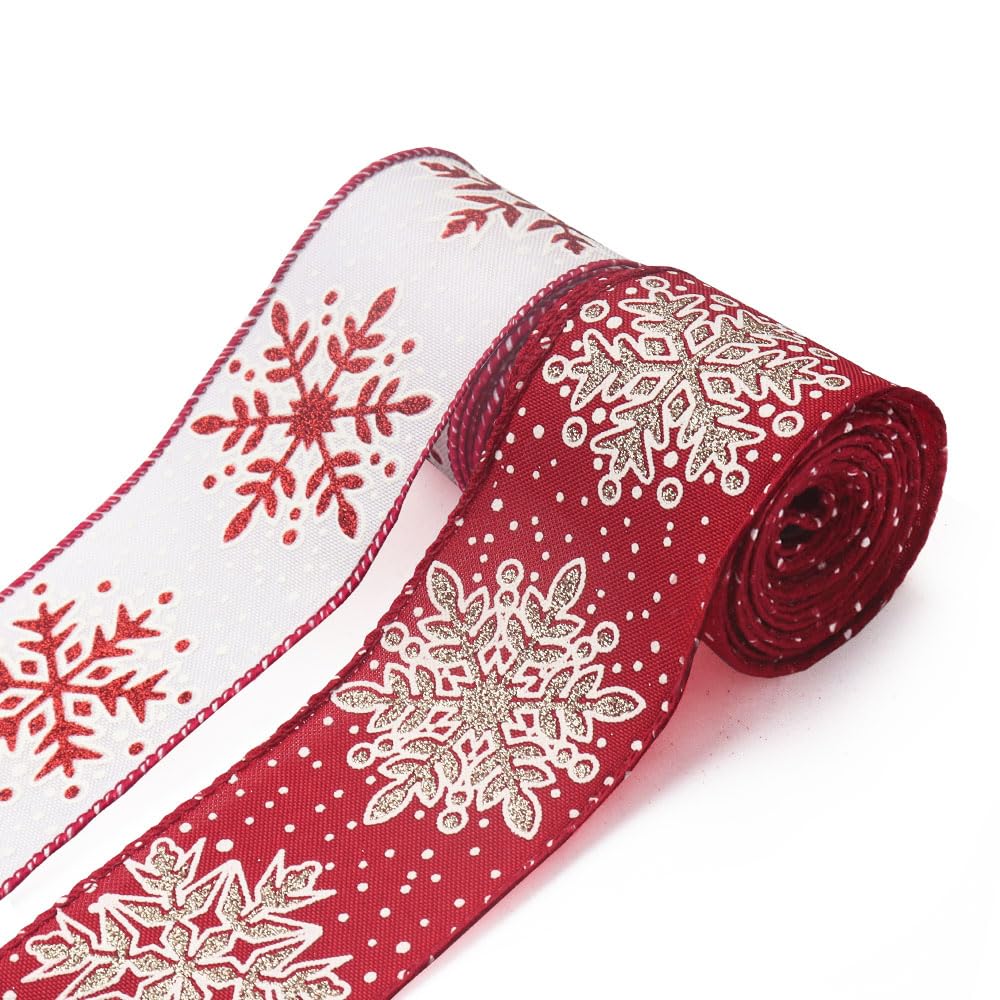 2 Rotoli Nastro Rosso E Bianco Con Bordo Metallico 2.5'' X 6 Iarde - Per Decorazioni Natalizie E Pacchetti