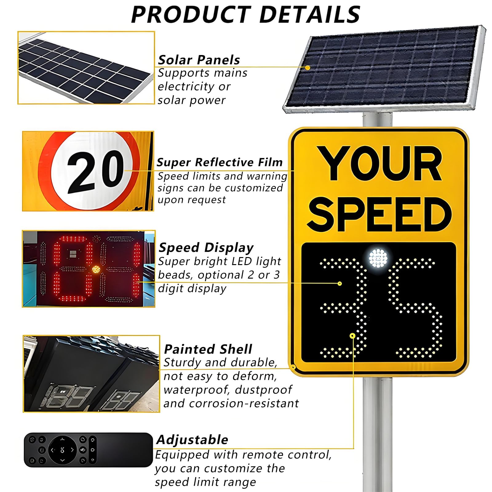 SeñAl De Velocidad Solar con Radar De 61 X 89 Cm, Detector De LíMite De Velocidad para Seguridad Vial, Alerta Roja De Exceso De Velocidad Y Alta Visibilidad Yellow