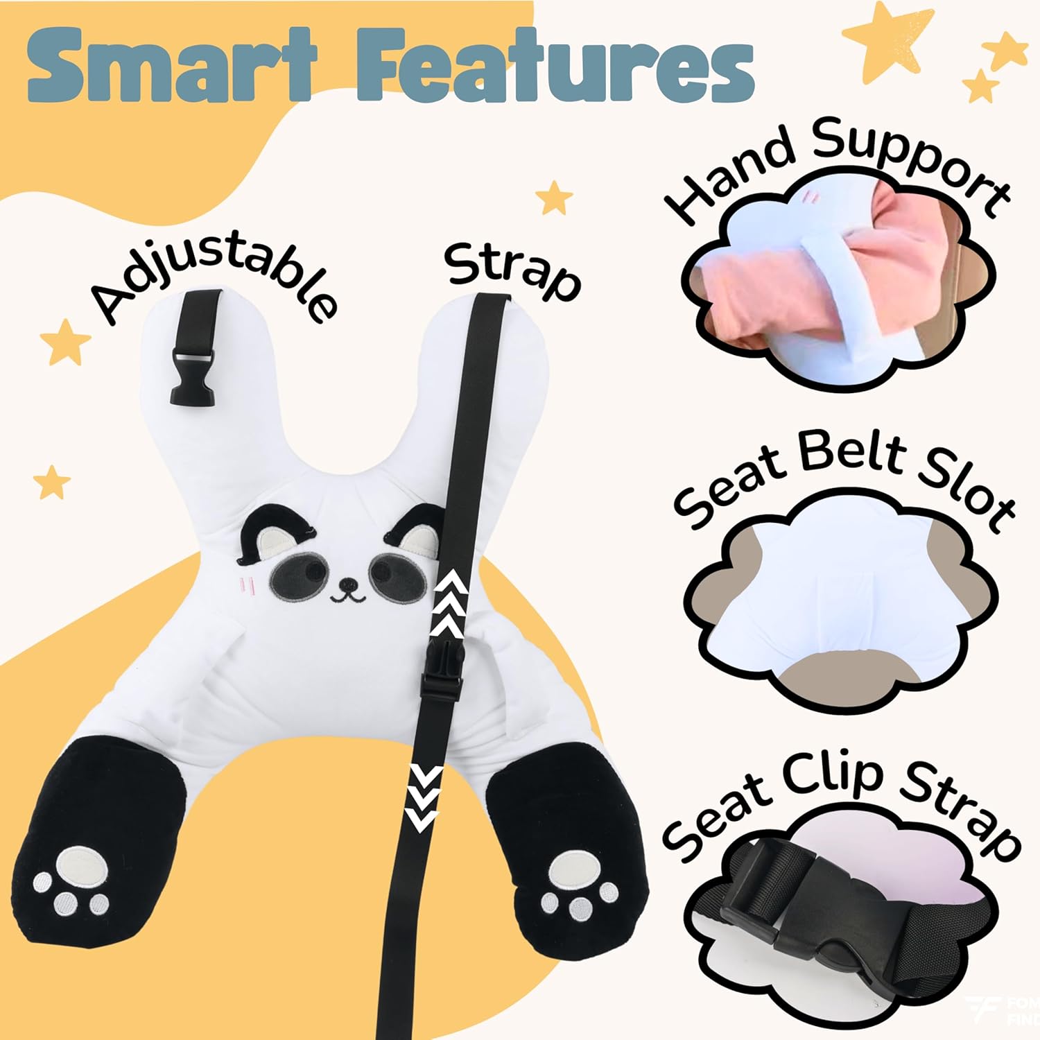 Kids Car Sleeping Pillow - X-Shaped Plush Animal for Neck & Back Support - Hands & Seat Belt Slot - Machine Washable & Compressible - Perfect for Car, Plane, Train, Boat & More - White - Image 5