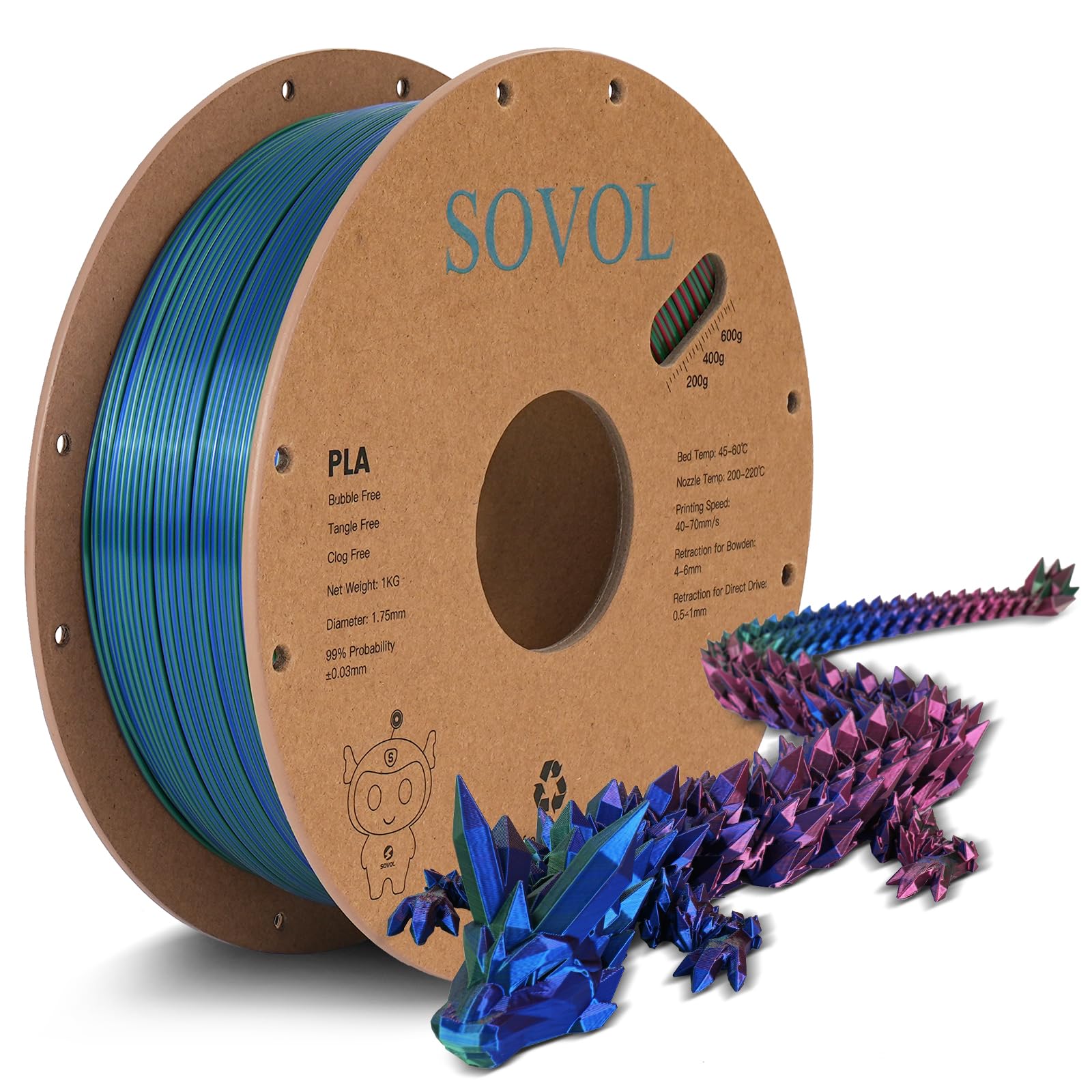 Sovol Silk PLA Filament Seiden Tri-Color Co-Extrusion 1.75mm - 1kg (2.2lbs) - Dreifarbig Rot, Grün & Blau - 3D-Drucker Filament +/-0.03mm