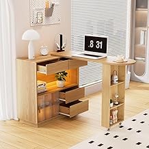 Sweiko Bar télescopique Table Moderne,Bureau en L avec étagères, Buffet avec Plateau pivotant avec Bandes Lumineuses LED, Table avec Deux tiroirs (Natural Wood)