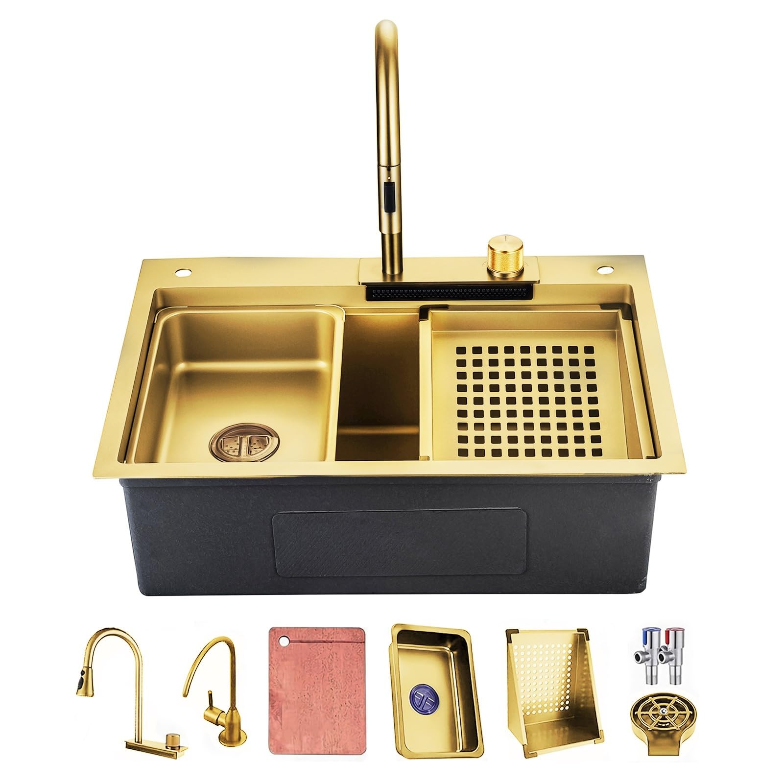 WIQUYBML Gold Nano Kitchen Waterfall Sink Set With Multi-Function Pull-Out Faucet Complete Versatile Workstation Bar Prep Bundle Deep Single Bowl Space-saving (Color :, Size 80x45cm)