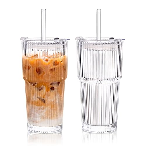 KEMORELA 2-Pack 20 oz Ribbed Glass Tumblers with Lids and